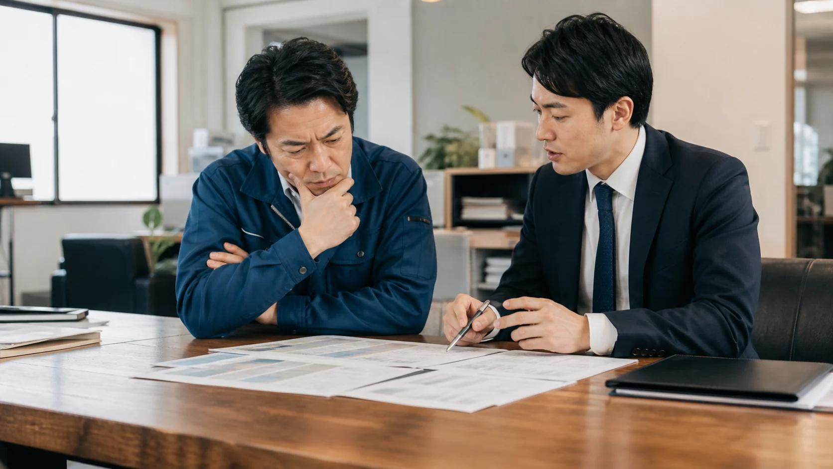 サービス会社の経営者と会計・税務アドバイザーが一時差異と利益計画を確認する場面