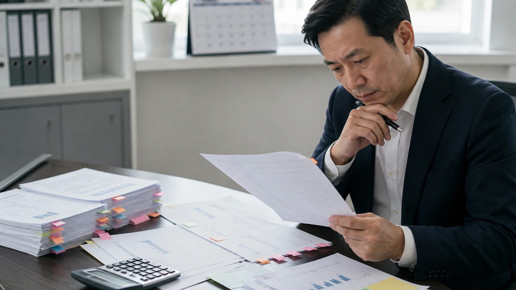 経営者と税理士が繰延税金負債の相殺前内訳と解消時期を照合する場面