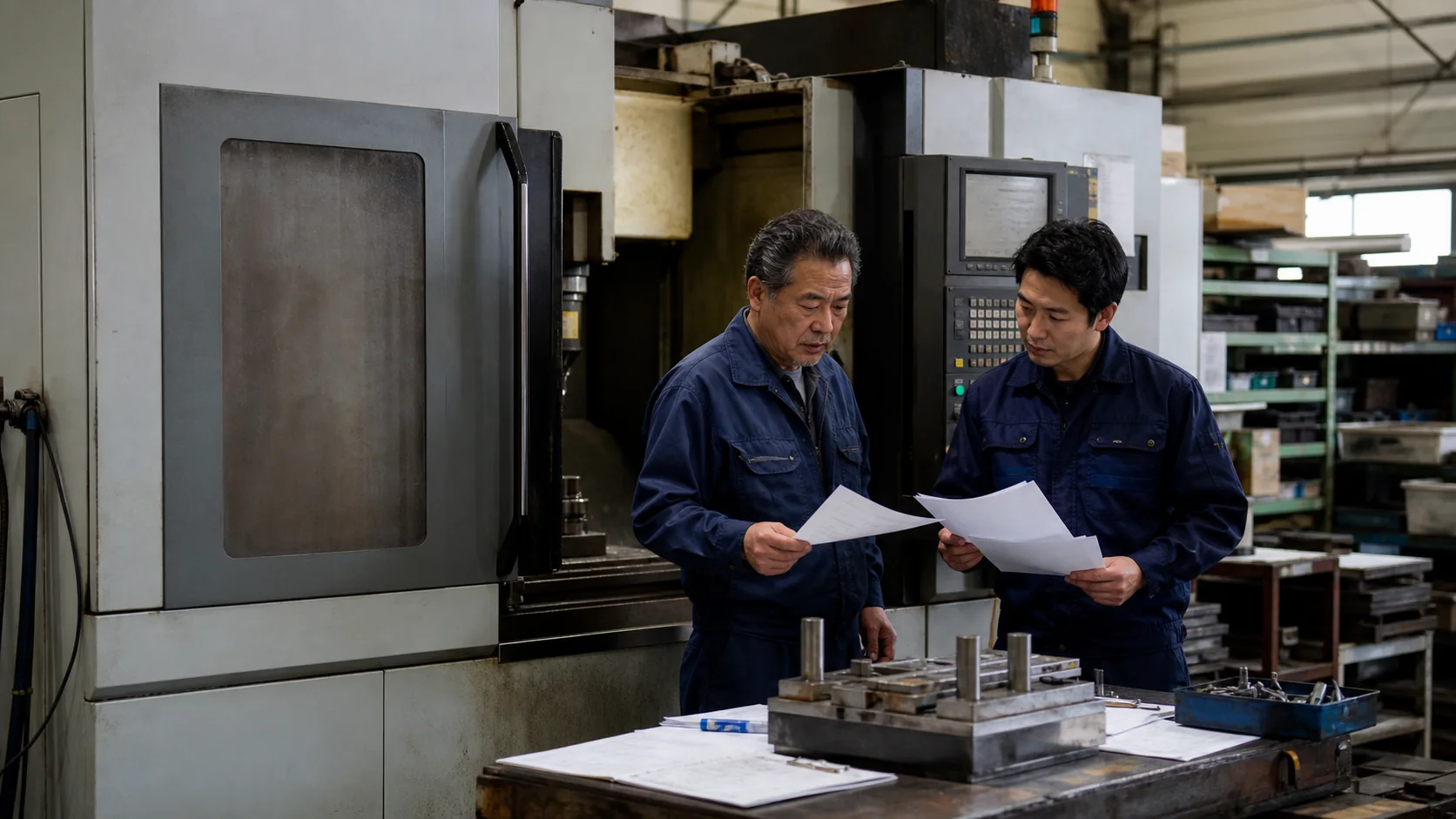金属加工会社の経営者が工場で設備台帳と減価償却費を確認する場面