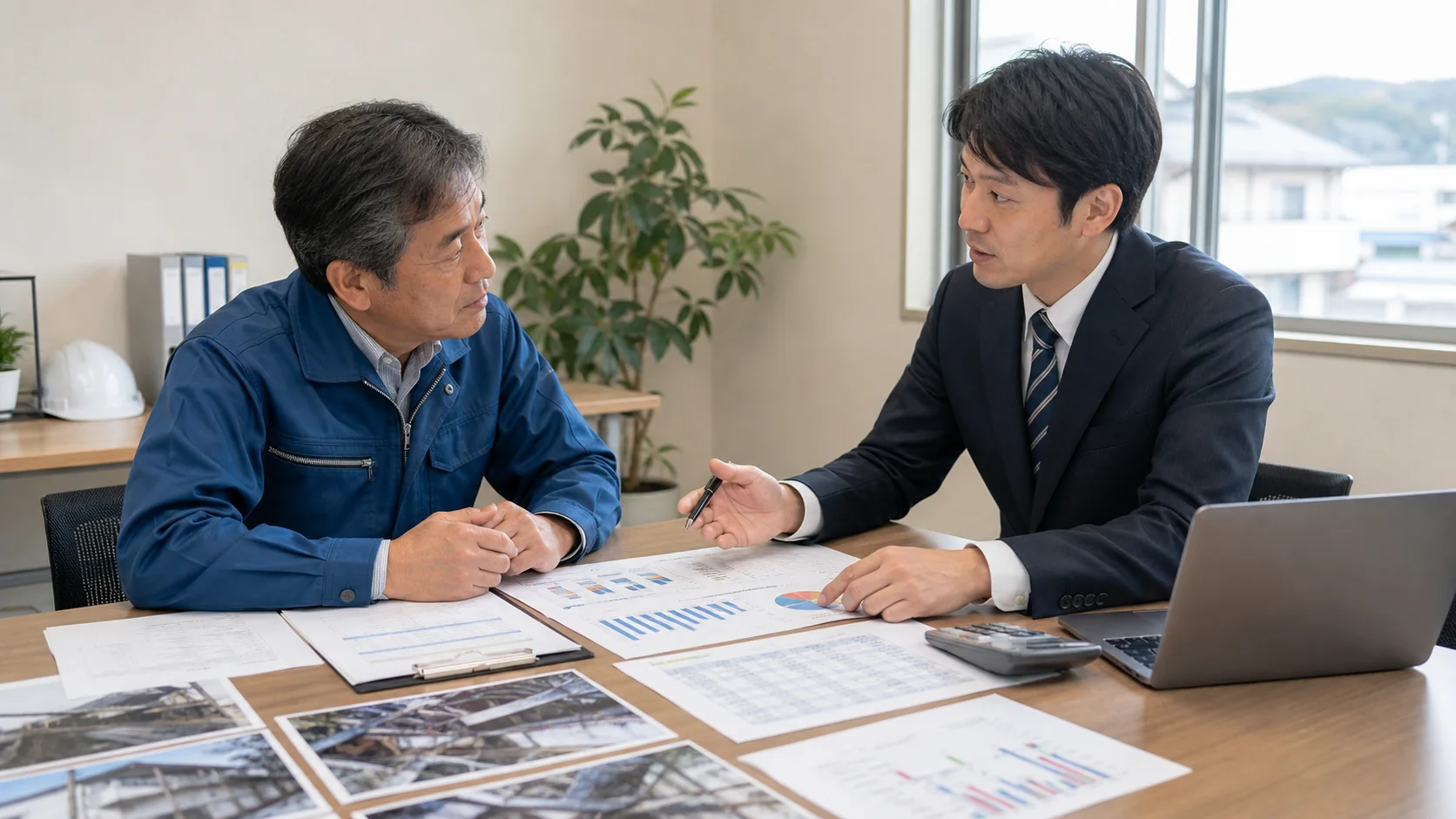 被災工場経営者と資金調達アドバイザーが復旧後の不足額を比較する会議
