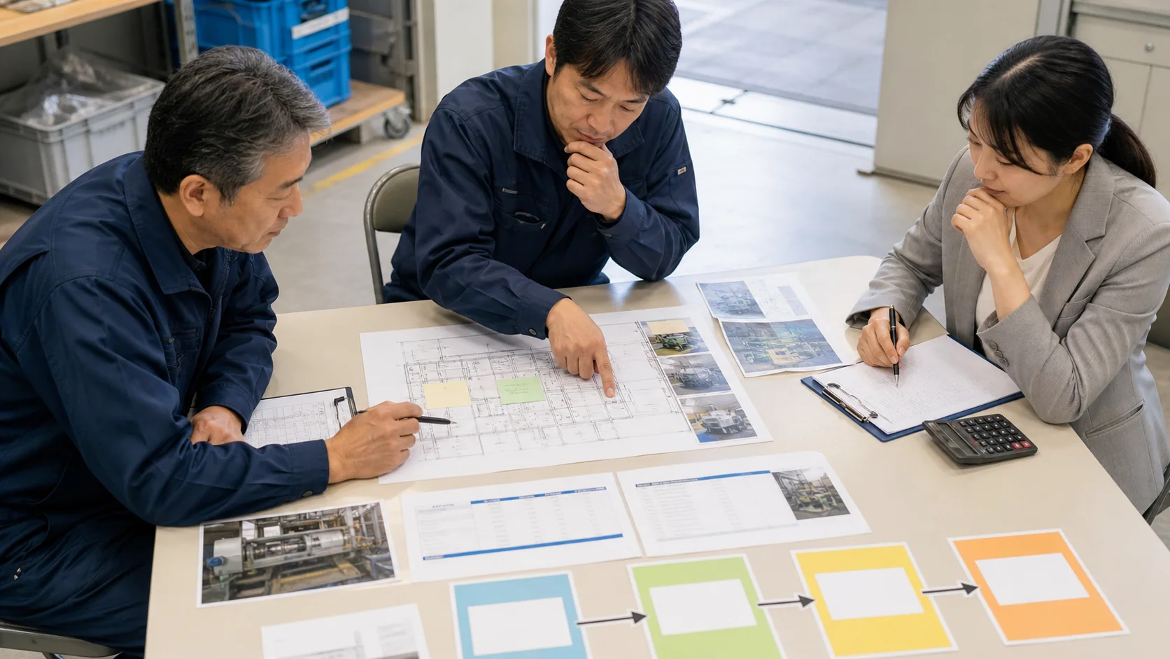 被災工場の復旧会議で応急復旧と資金繰りを比較する場面
