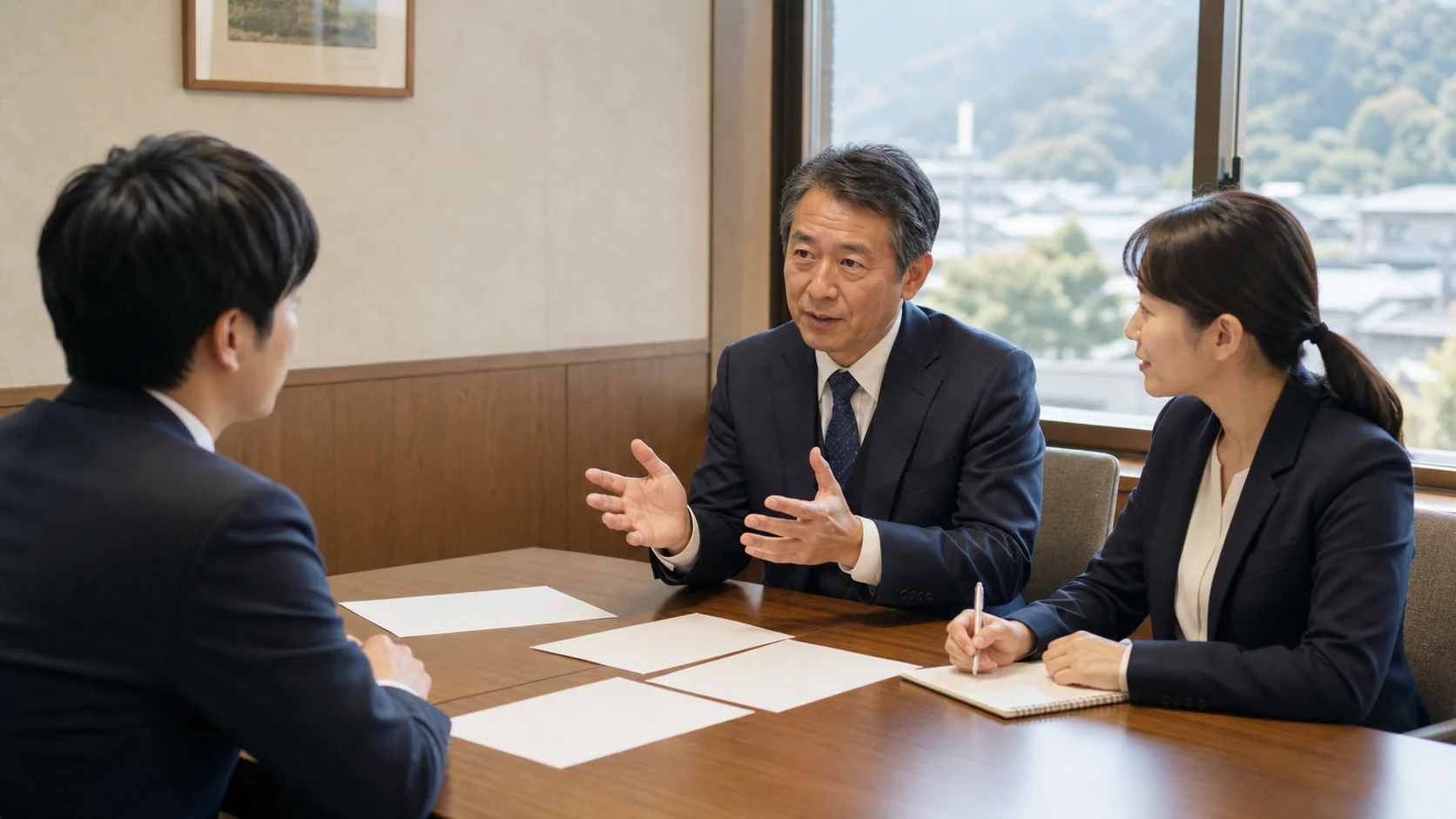 経営者と財務担当者が配当後資金と銀行説明資料を検討する場面