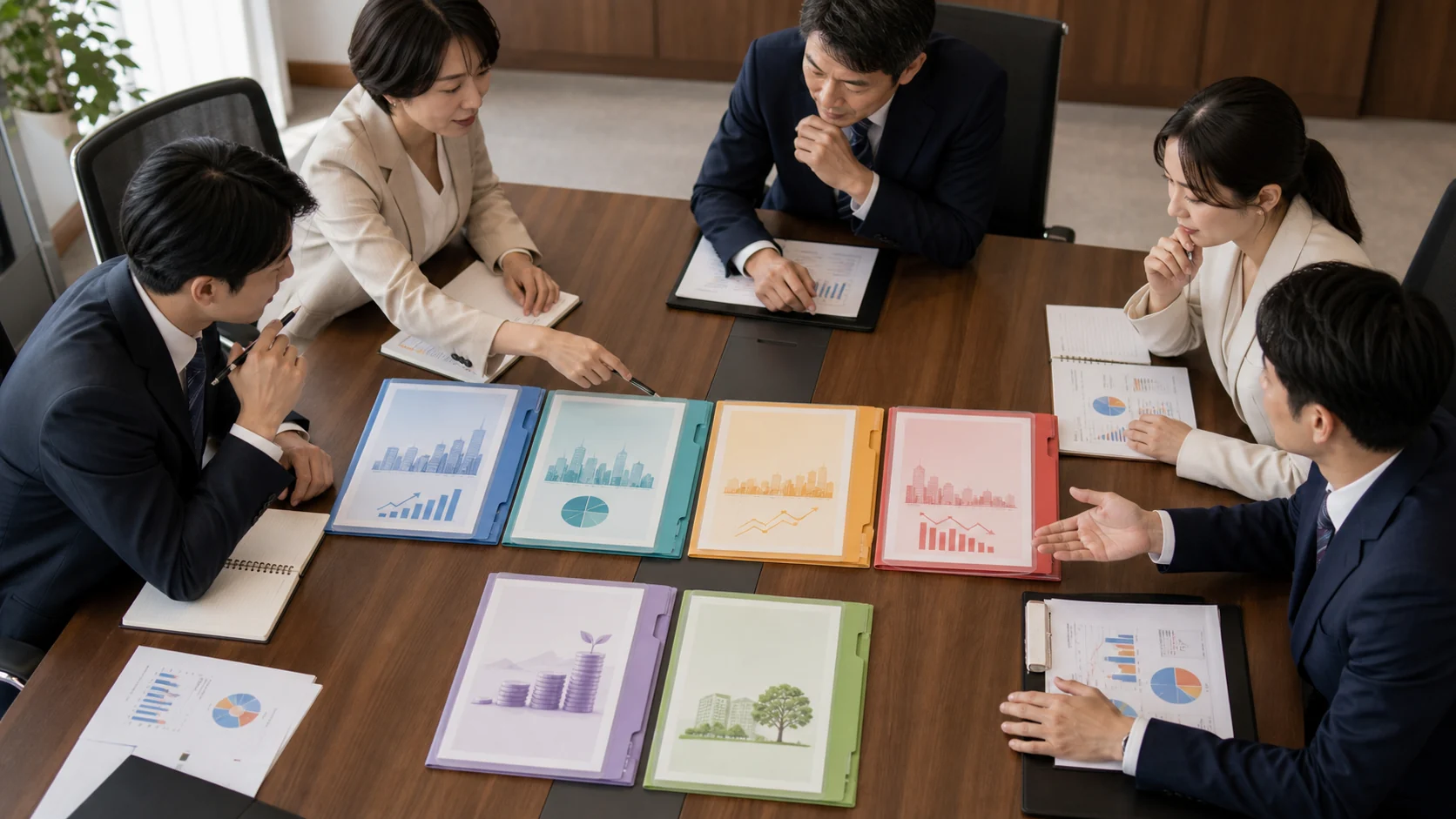 経営者と財務担当者が配当減額延期案と配当後最低現金を比較する場面