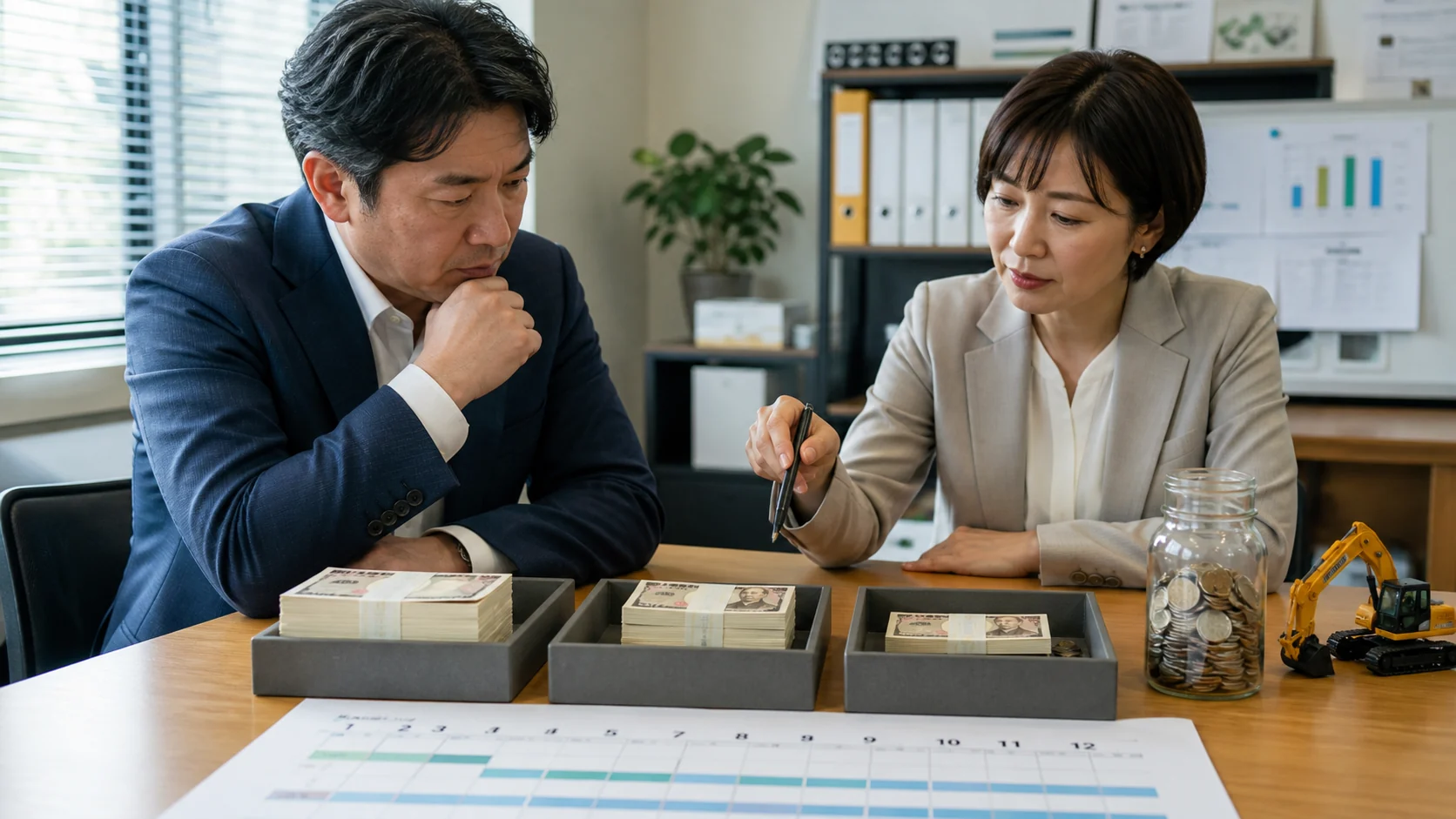 全額・一部・通常返済を12か月資金繰りで比較する建設会社