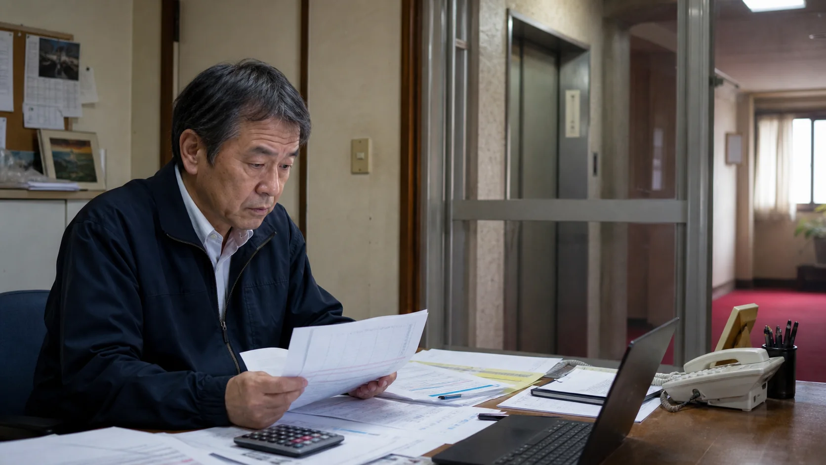 地域ホテルの経営者が借入返済と設備更新予定を確認する場面