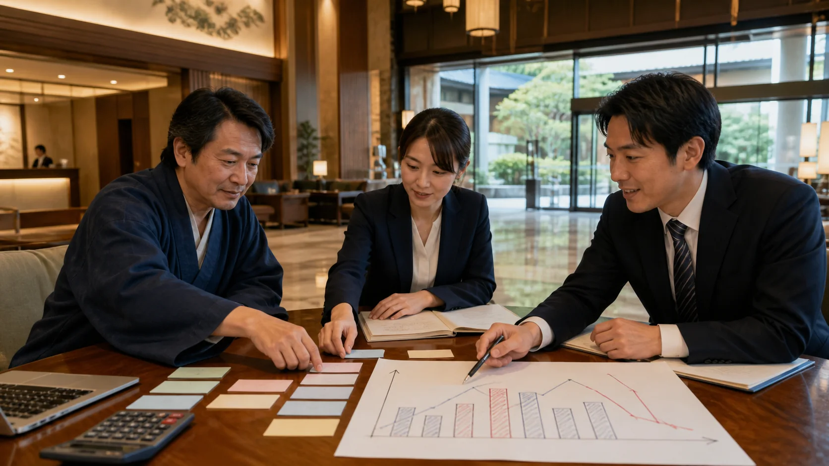 地域ホテルの経営者・財務担当・相談員がEBITDAと返済計画を確認する会議