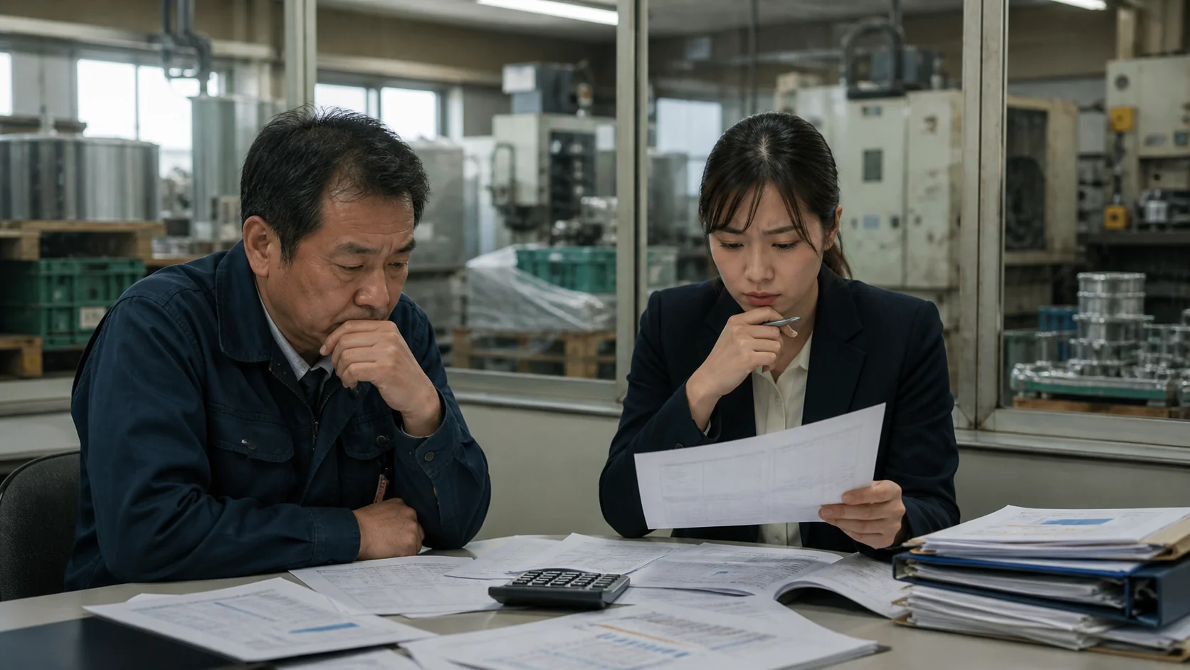 製造会社の経営者と経理担当が在庫増と設備負担で現金が減る原因を確認する場面