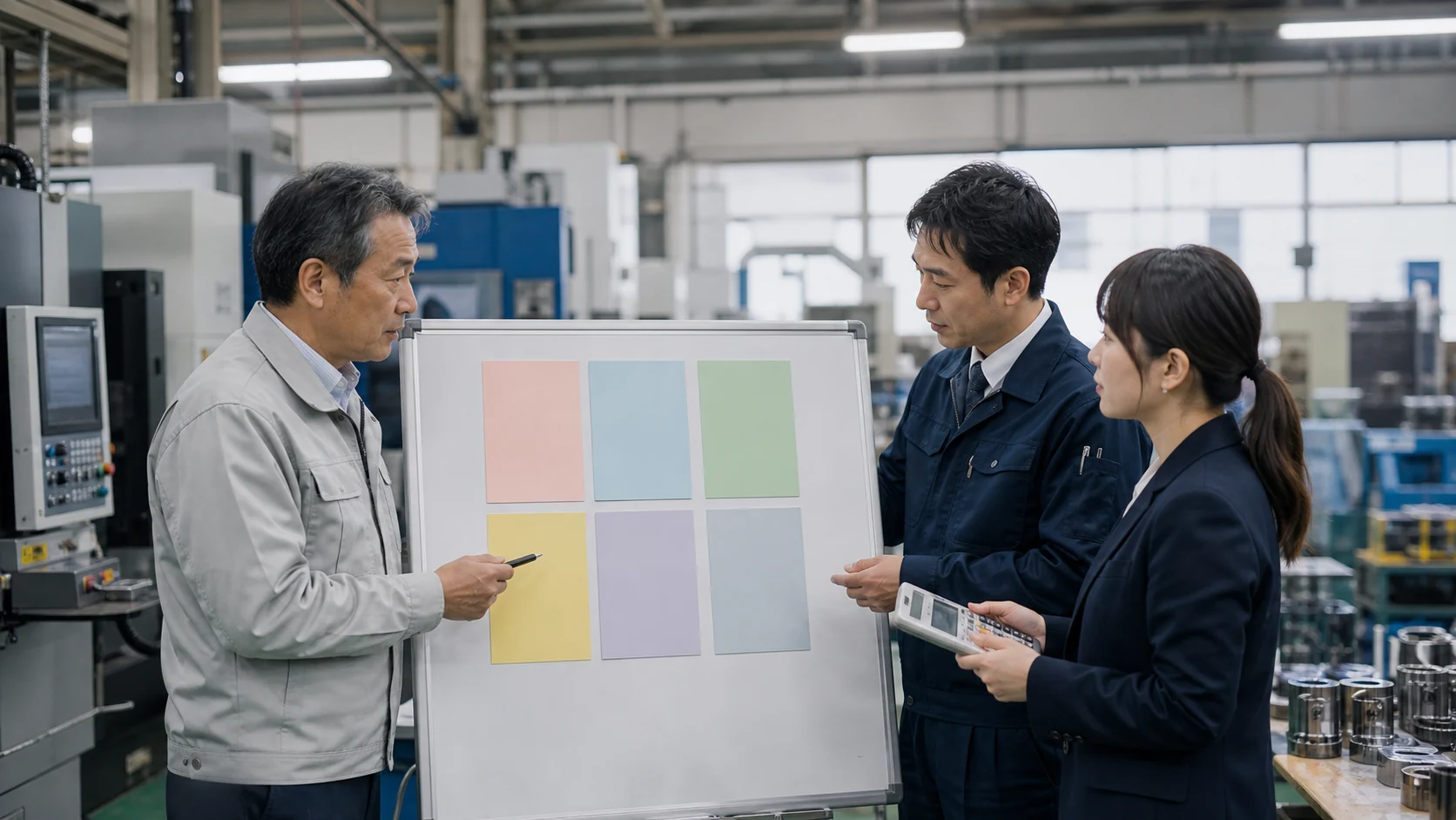 製造会社の経営者と工場責任者が粗利改善と設備維持を確認する会議