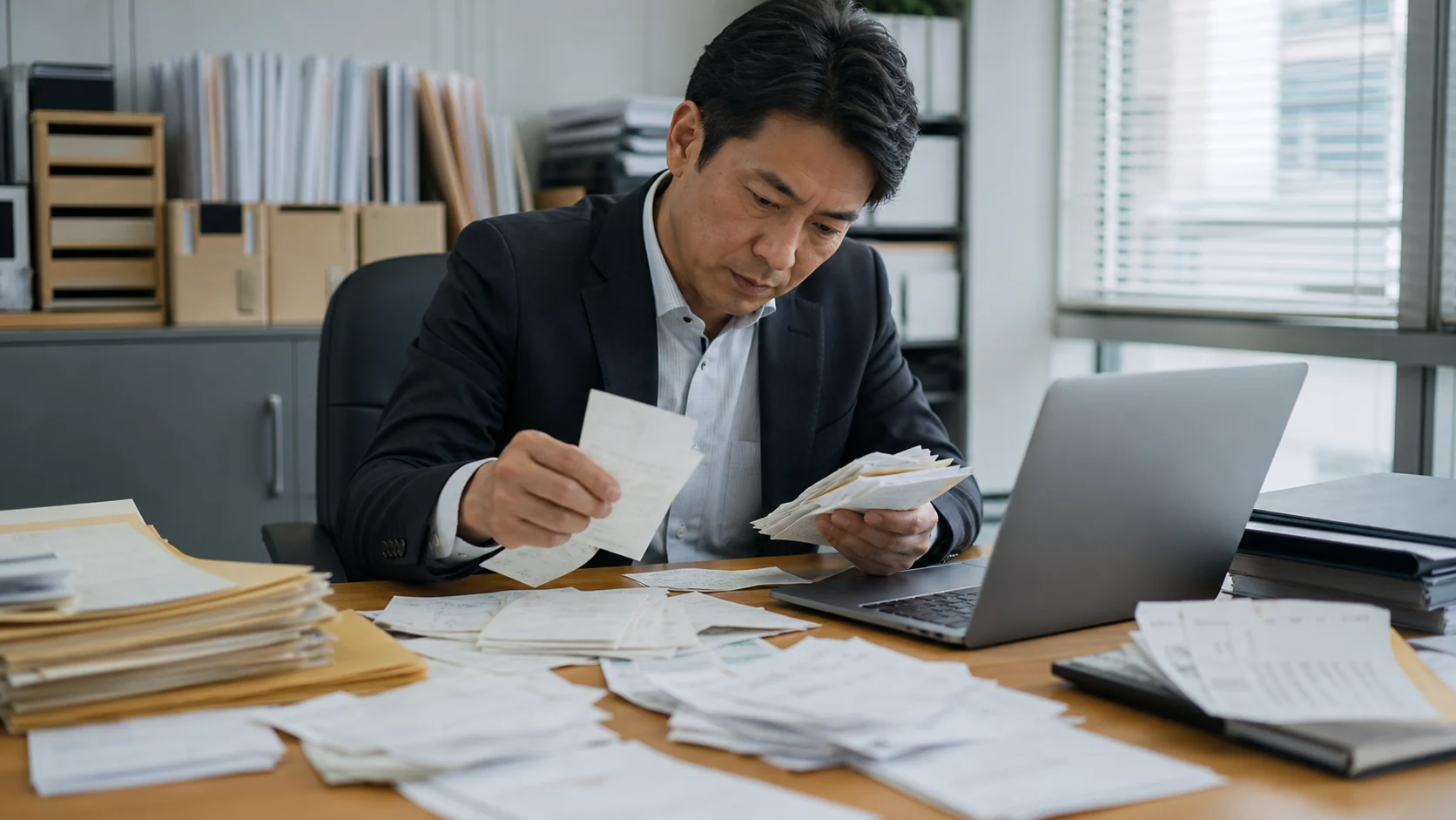 食品卸会社の営業責任者が会食記録と顧客別案件台帳を確認する場面