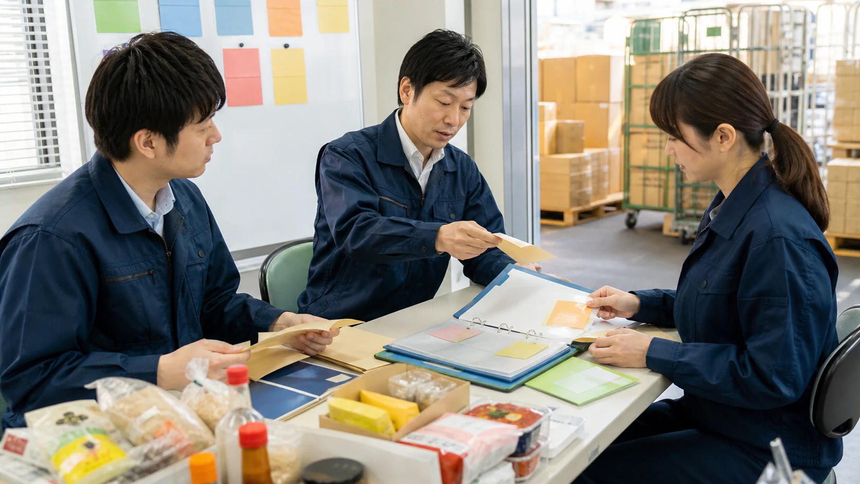 食品卸会社の営業会議で顧客別の接点目的と案件粗利を整理する場面