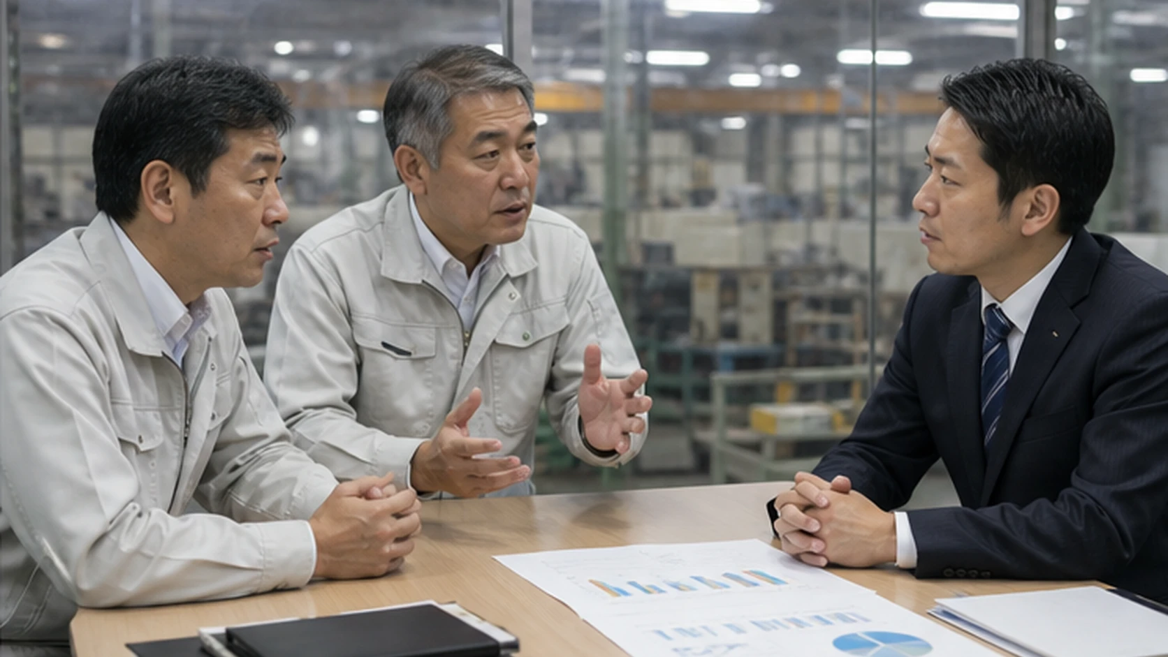 経営者・製造・保全・財務・銀行担当者が停止と修理更新資金を確認する会議