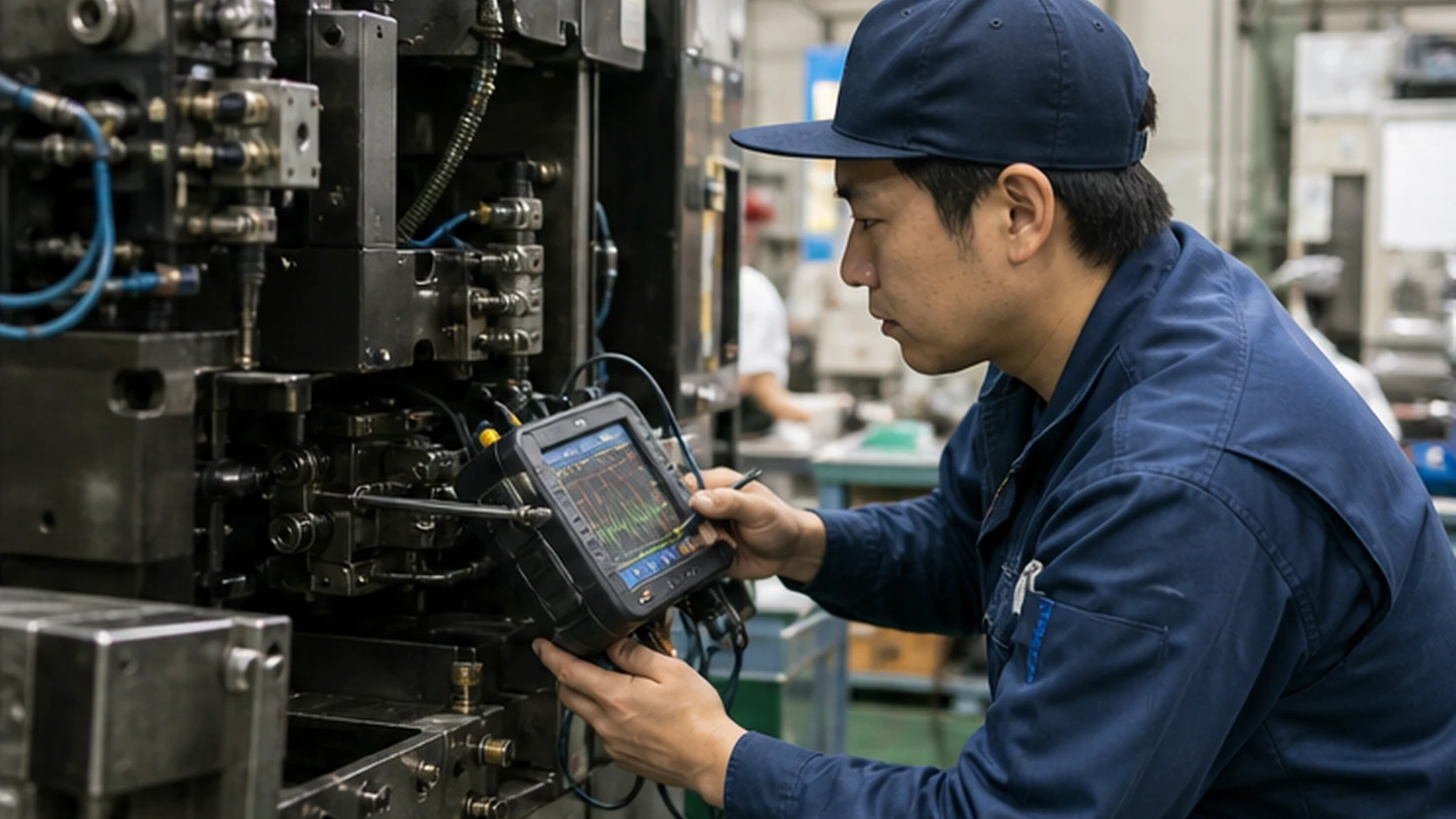 製造担当者が停止設備を安全に確認し保全担当者が原因を診断する場面