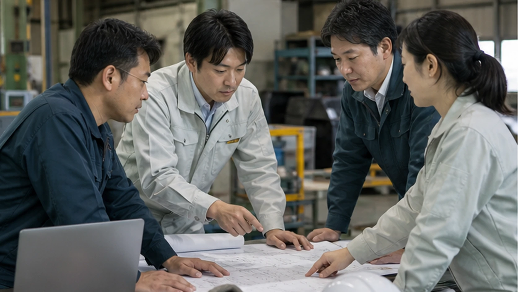 製造・保全・財務担当者が停止原因と修理・代替生産計画を確認する場面
