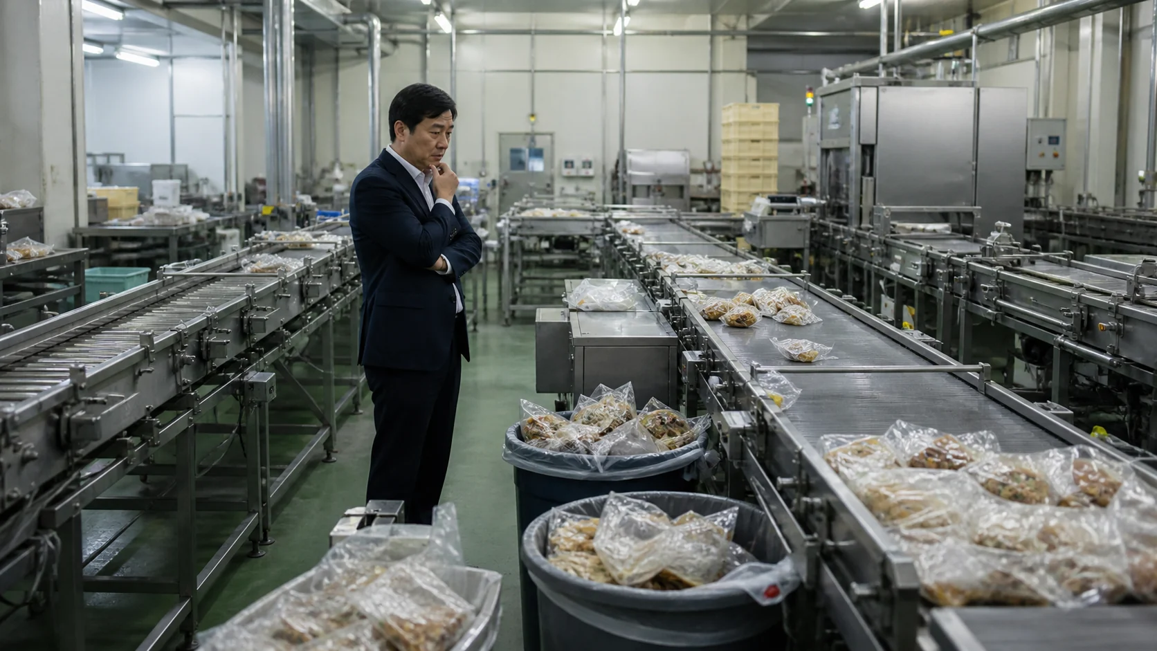 食品製造会社の経営者が低稼働の製造ラインと廃棄記録を確認する場面