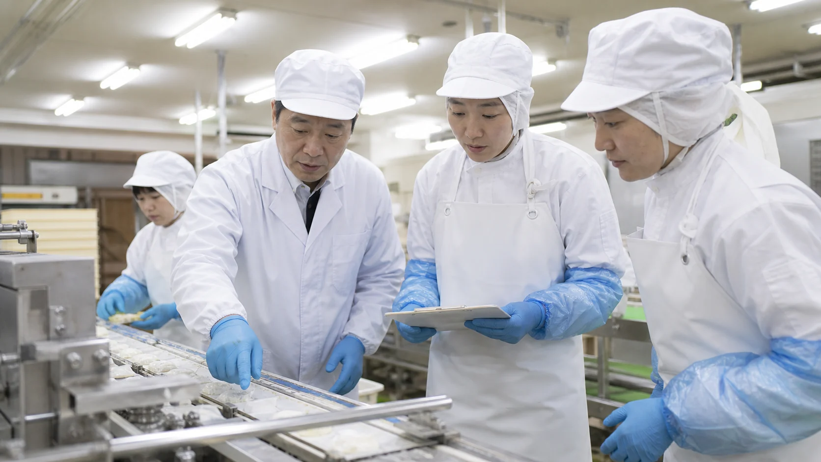 食品製造会社の経営者と現場責任者がライン能力と歩留まり改善を確認する場面