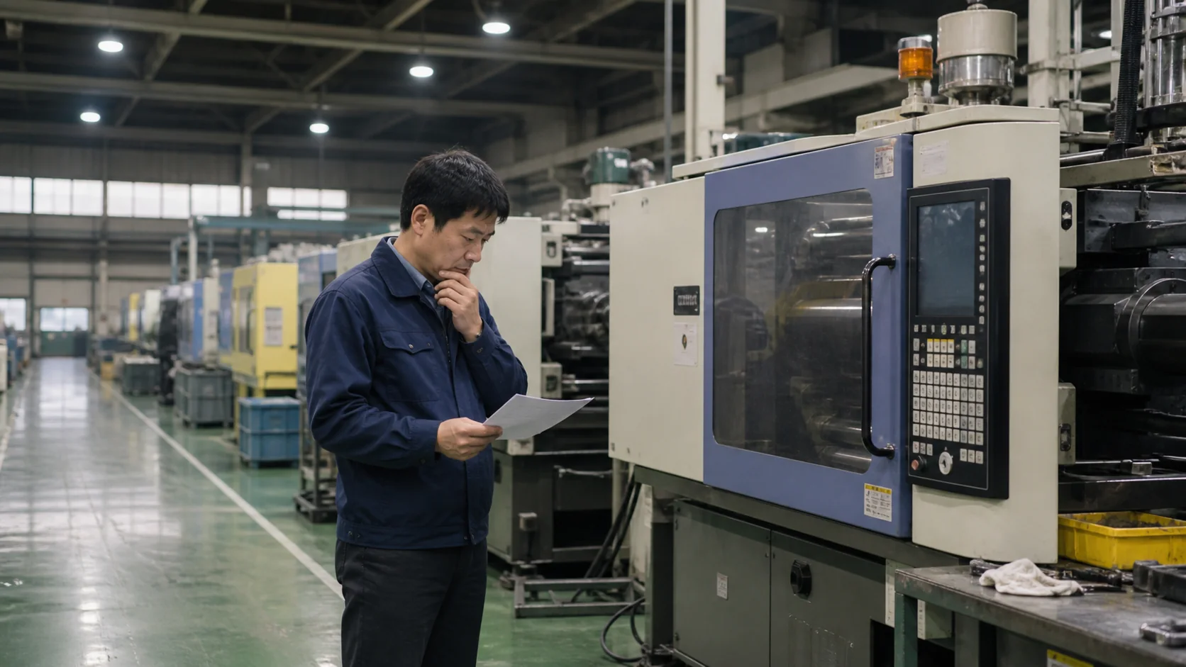 樹脂成形工場の経営者が停止中の機械と稼働記録を確認する場面