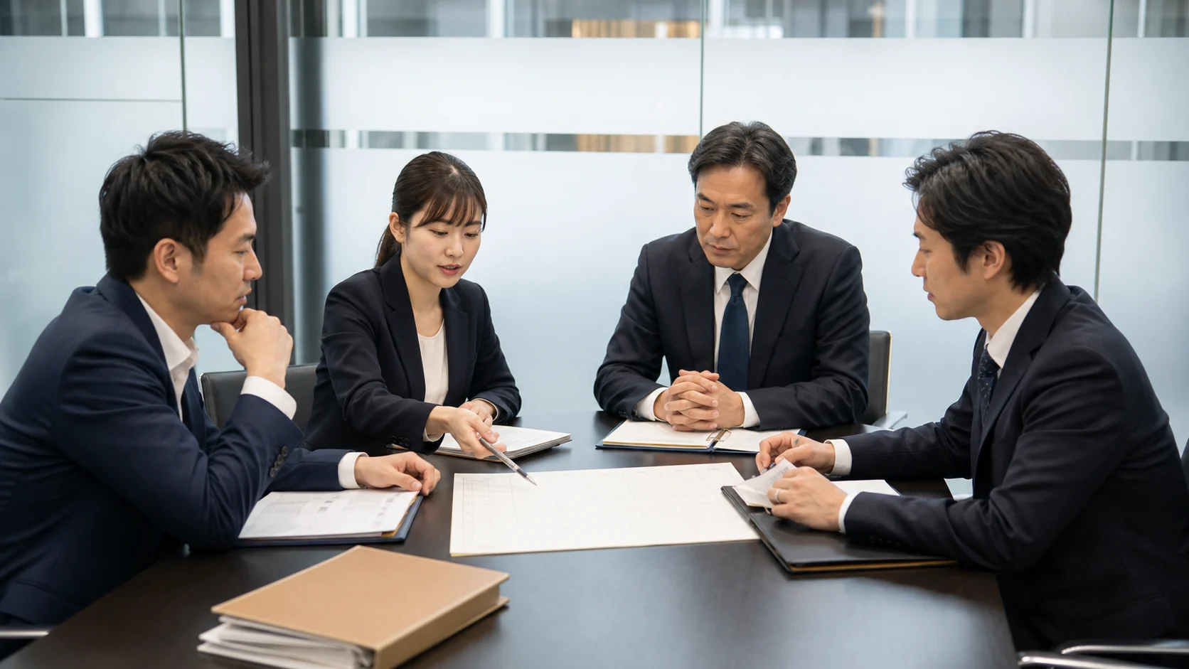 経営者と財務担当者と専門家が期限の利益喪失事由と資金繰りを協議する場面