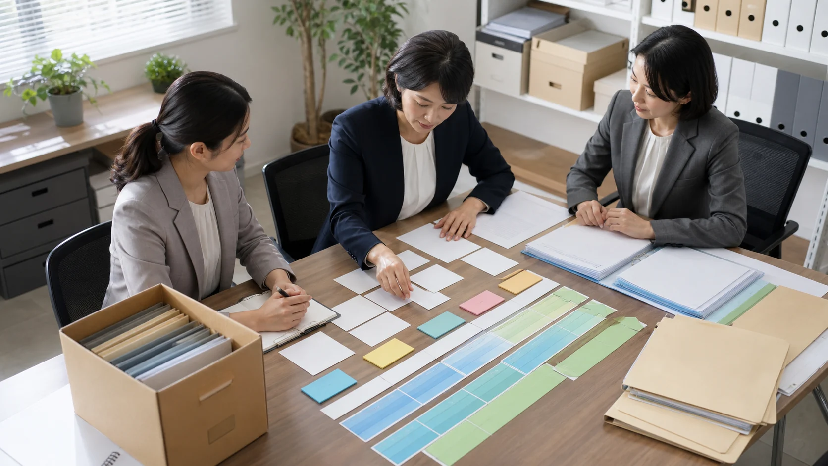 財務担当者と専門家が融資契約、支払表、対応期限を整理する場面