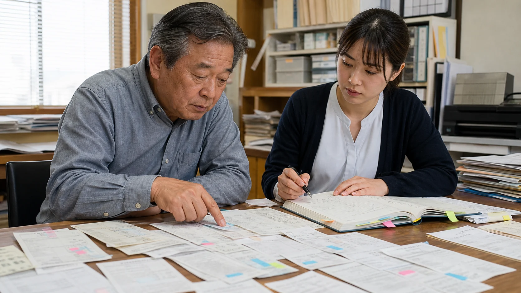 サービス会社の経営者が役員貸付金の取引明細と通帳入金を照合する場面