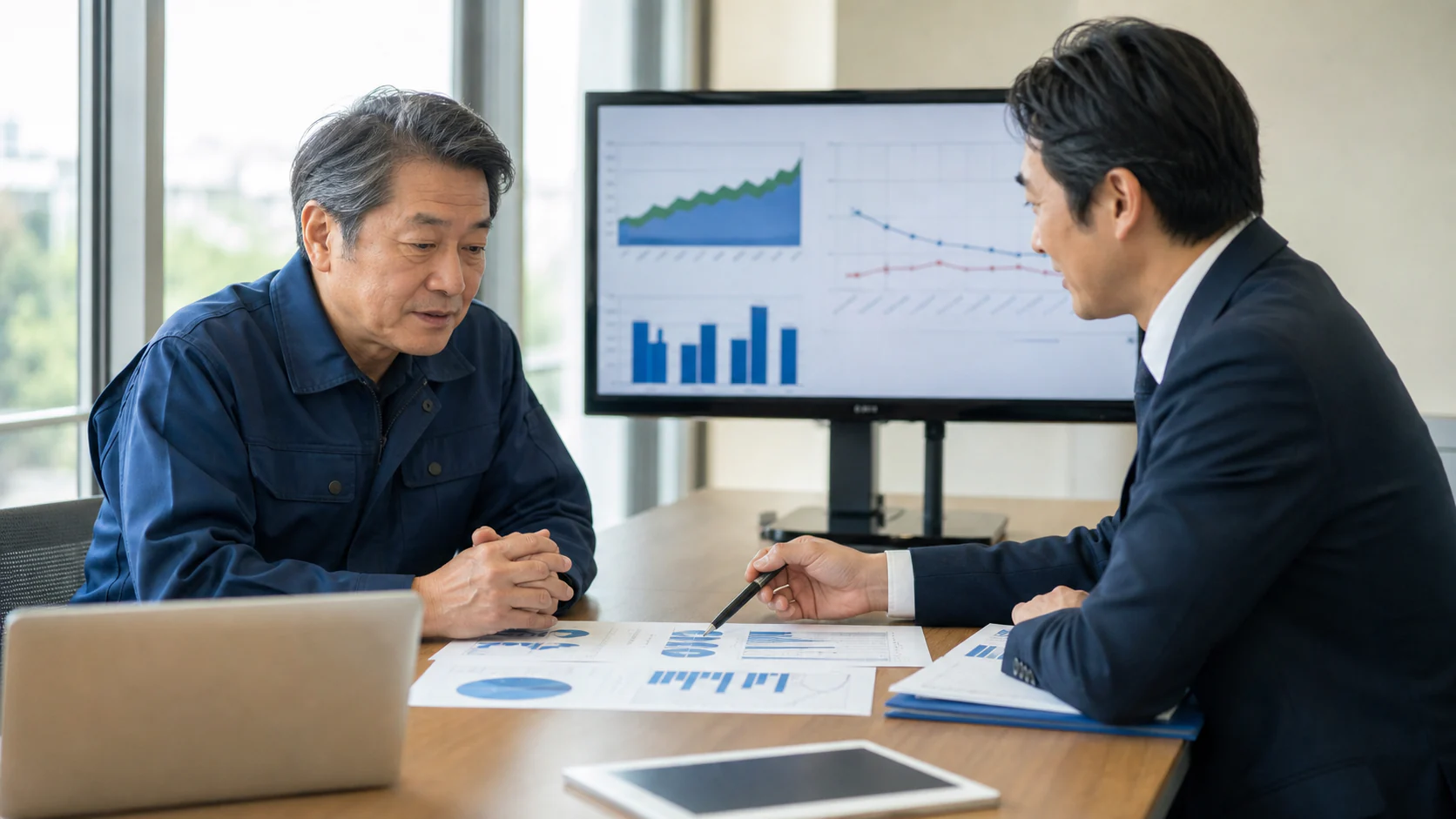 製造会社の経営者と財務責任者が、特別利益の内訳と正常営業収支を比較する会議