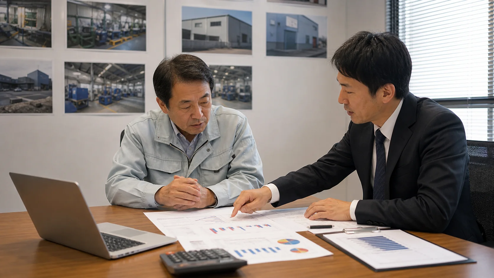 製造会社経営者と資金調達アドバイザーが特別要因後の不足額を比較する会議