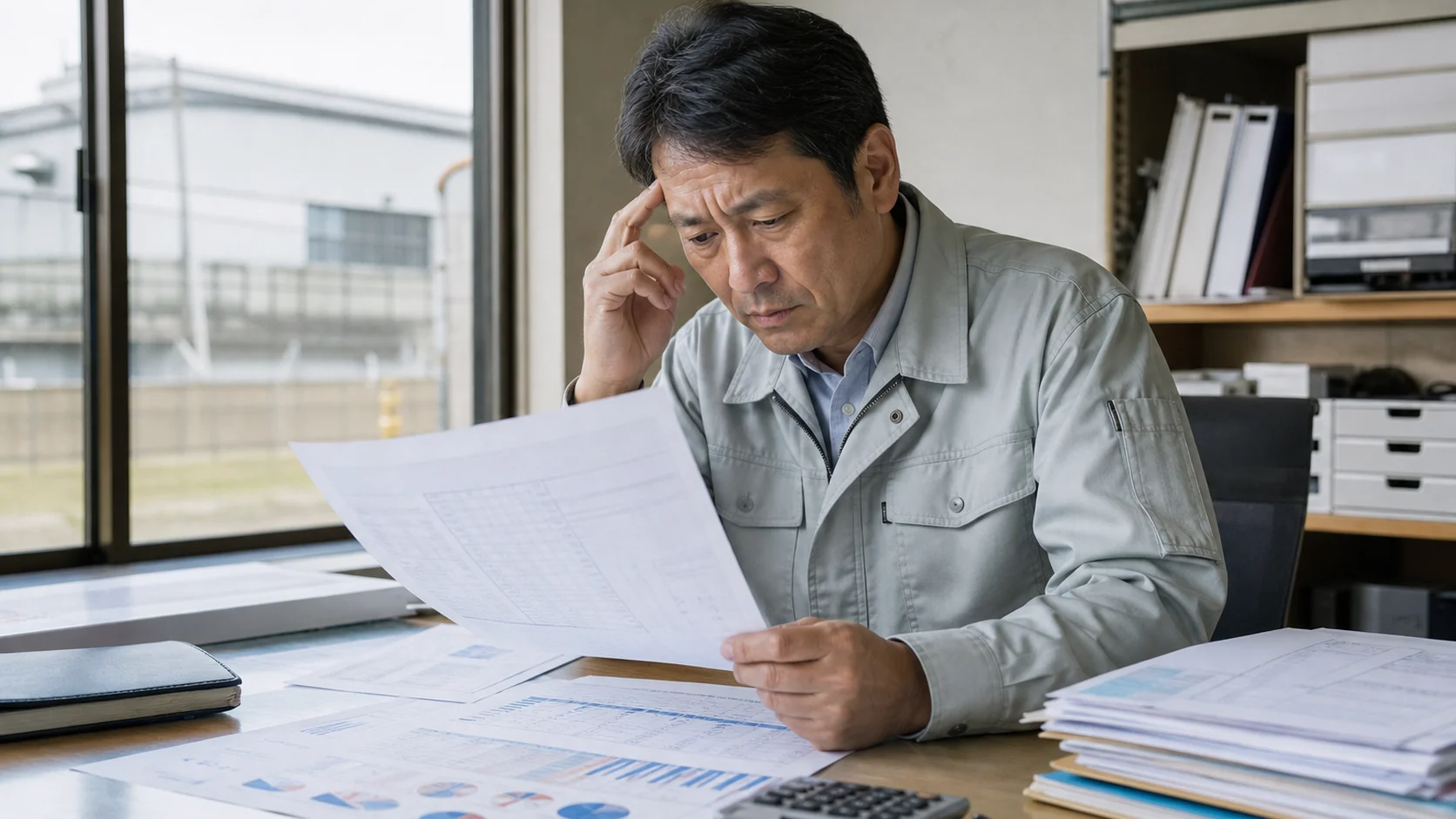 積み上がった決算書の不一致を確認する製造会社経営者