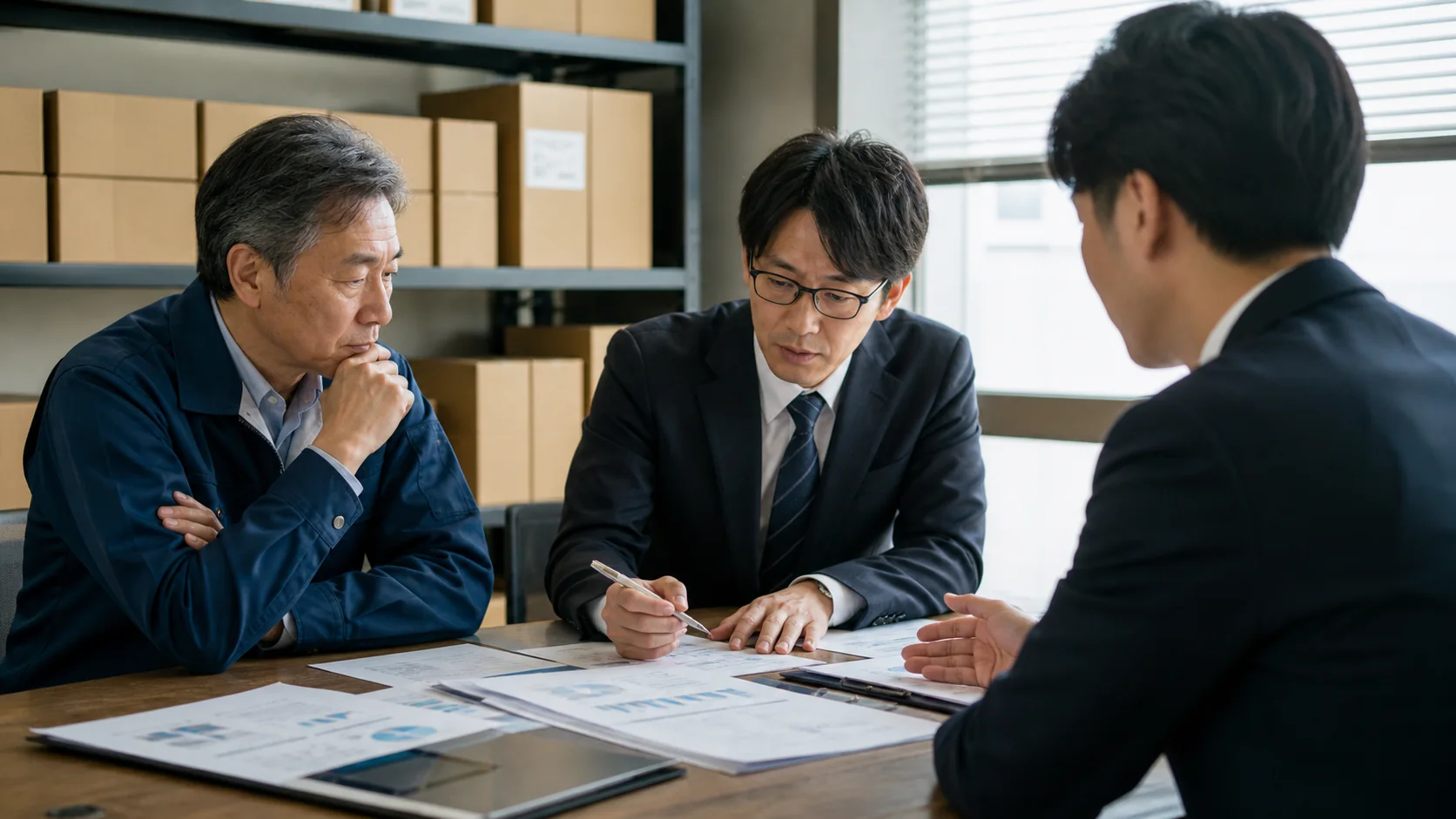 製造会社の経営者と銀行担当者が製品販売遅延後の運転資金を確認する会議