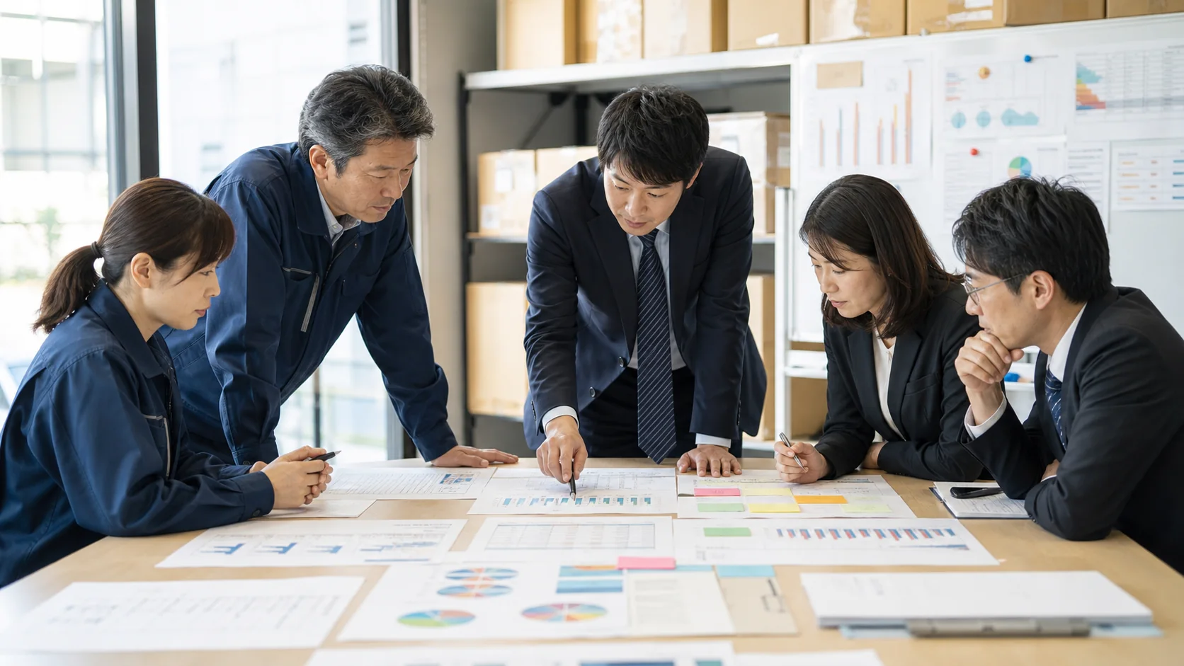 製造会社の経営会議で製品在庫の販売確度と正味回収額を確認する場面
