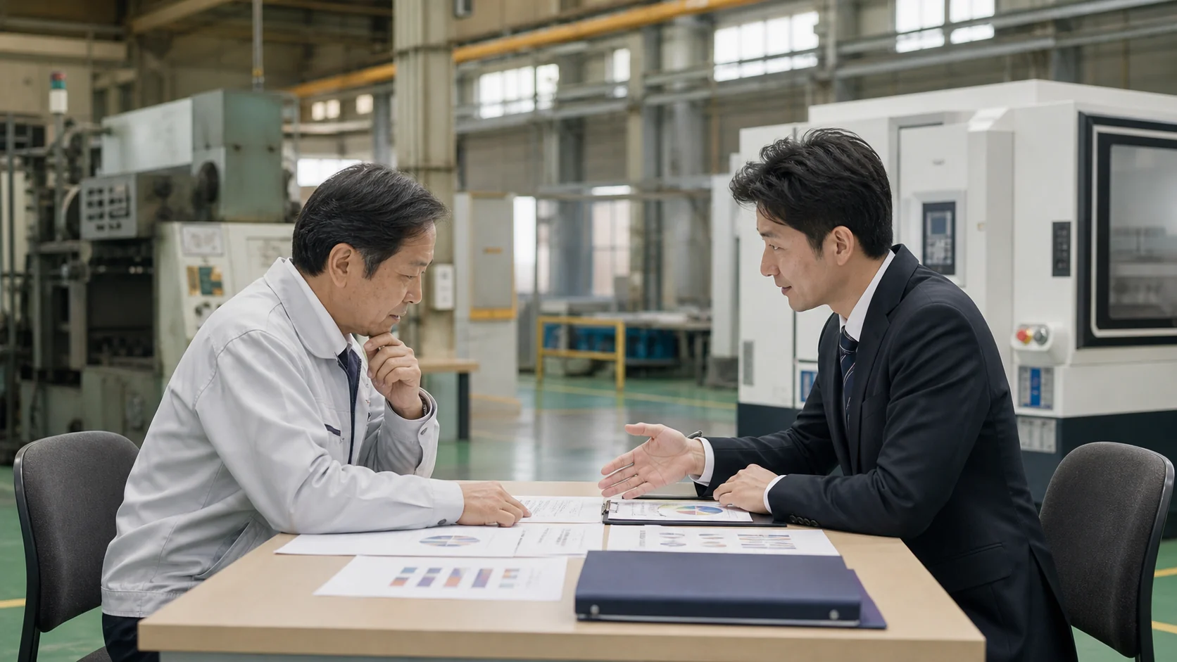 金属加工会社経営者と資金調達アドバイザーが設備更新資金を比較する会議