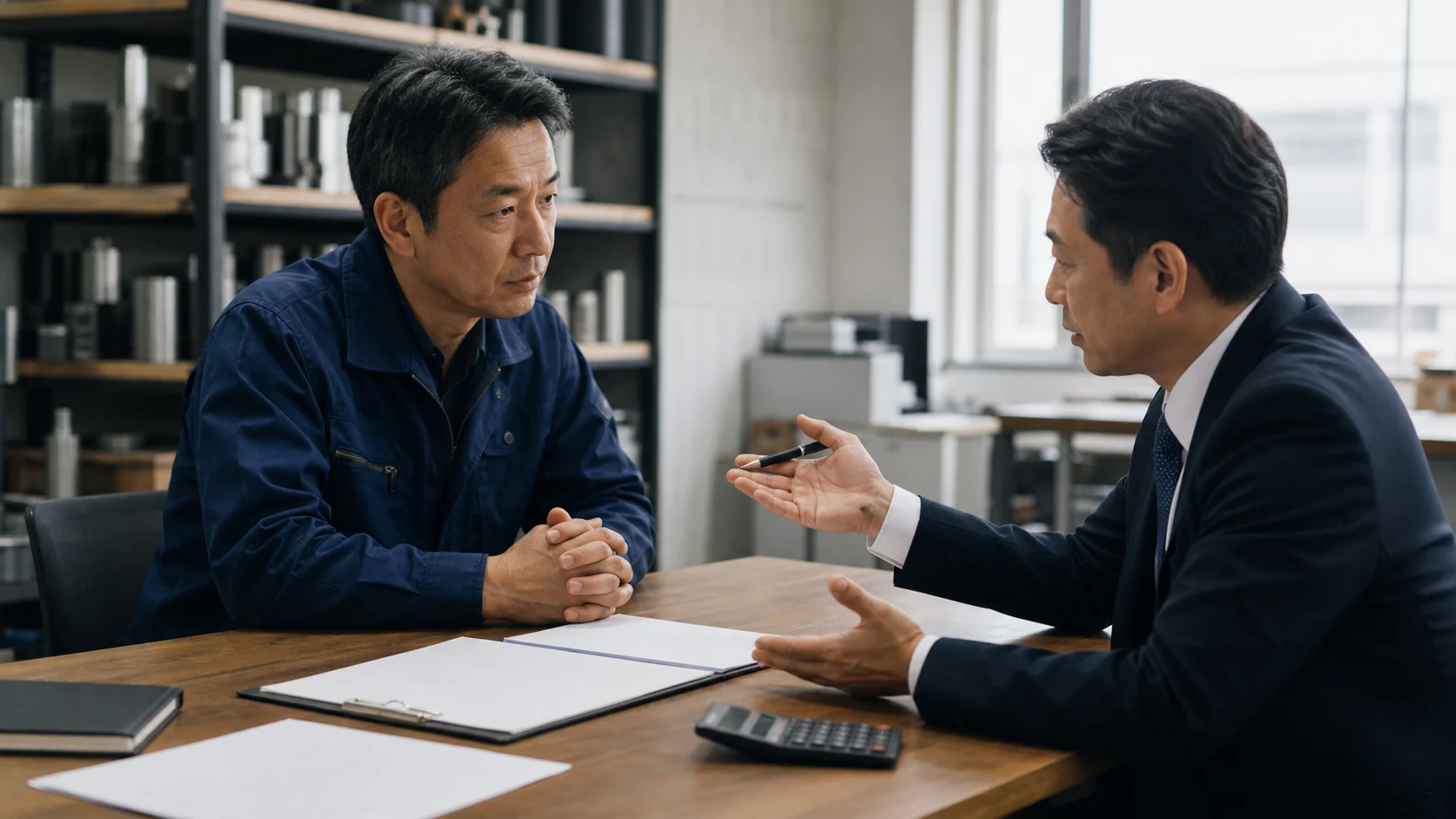 町工場の経営者と資金繰り支援者が、売却契約、残債、純手取、代替設備を比較する会議