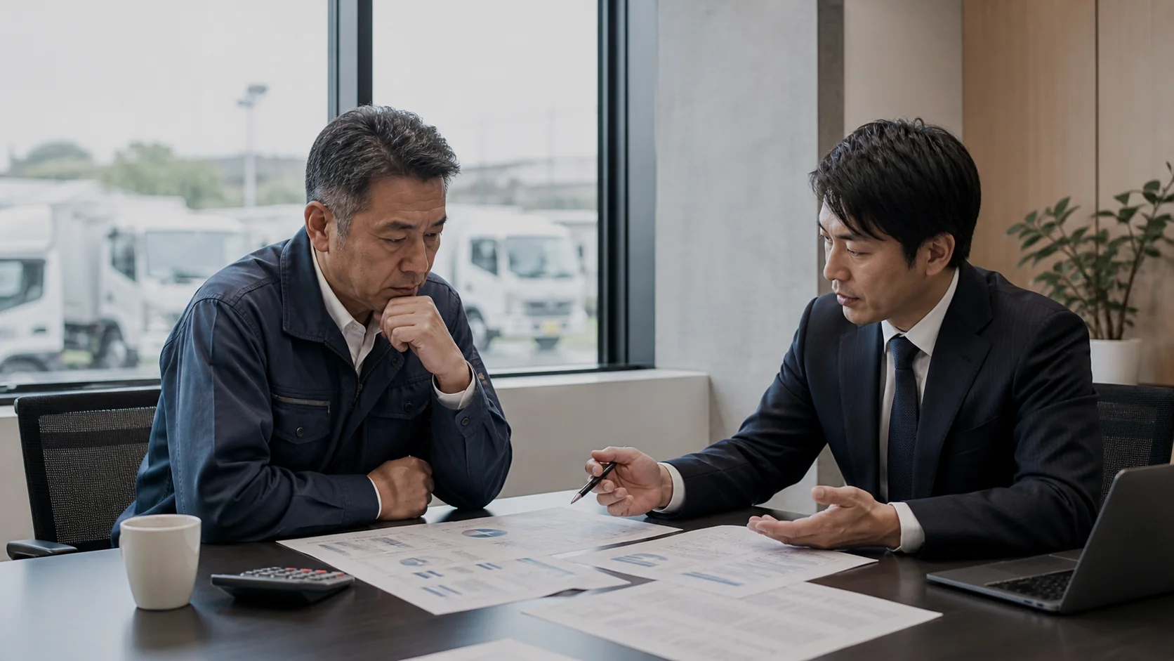 運送会社経営者と資金調達アドバイザーが資産売却後の不足額を比較する会議