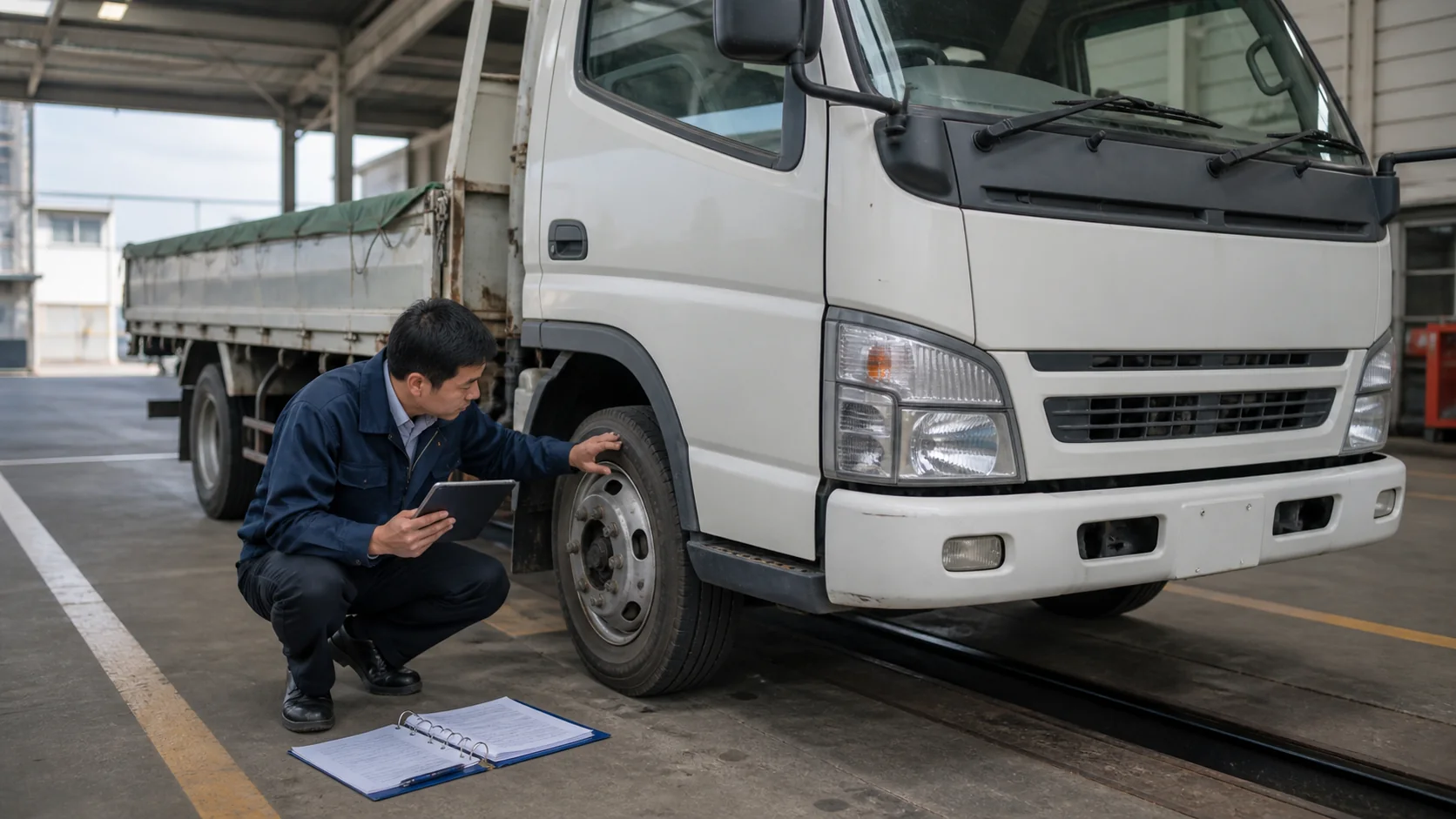 運送会社の車両責任者が売却候補トラックの状態と整備履歴を確認する場面
