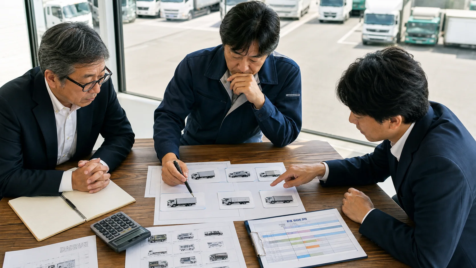 運送会社の会議で車両売却と継続使用の資金影響を比較する場面