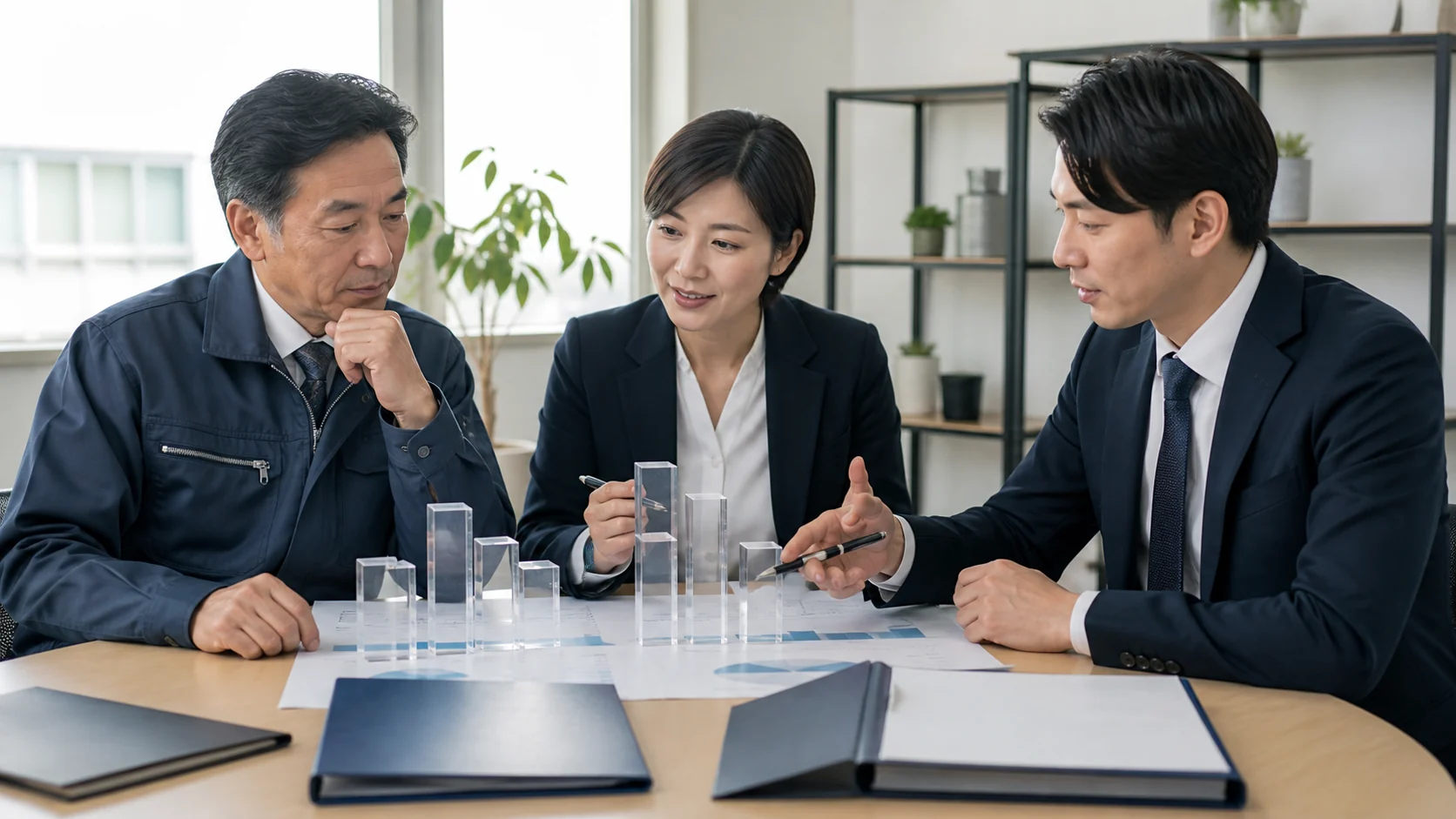経営者と財務担当者と銀行担当者が固定支払余力を検討する会議