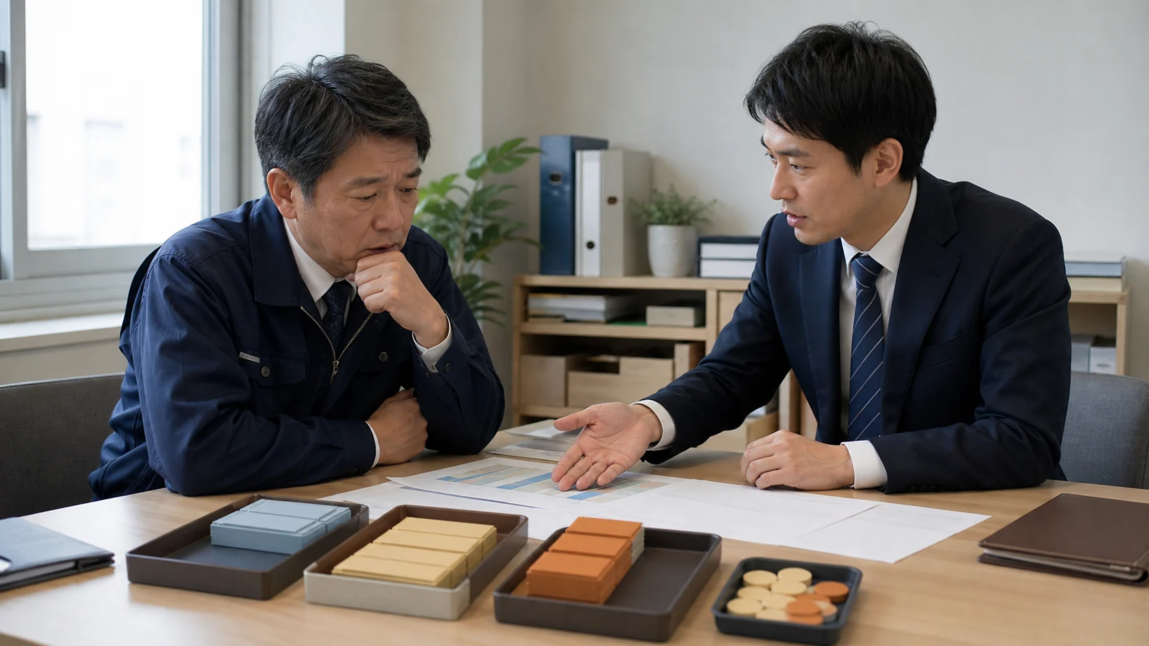 中小企業の経営者と財務担当者が元利返済と賃料やリース料を確認する場面