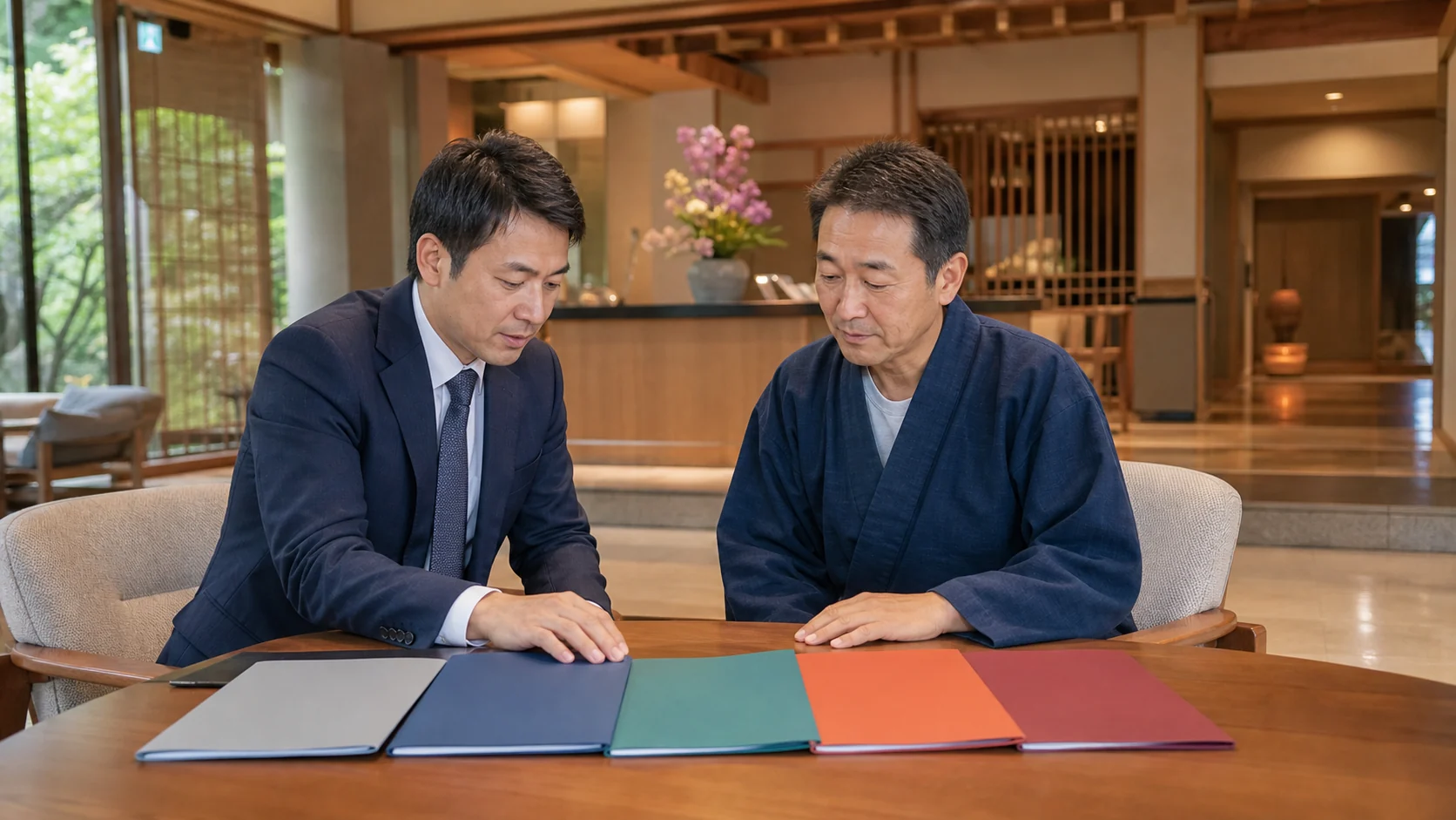 旅館経営者が固定比率と4つの資金調達方法を比較する会議