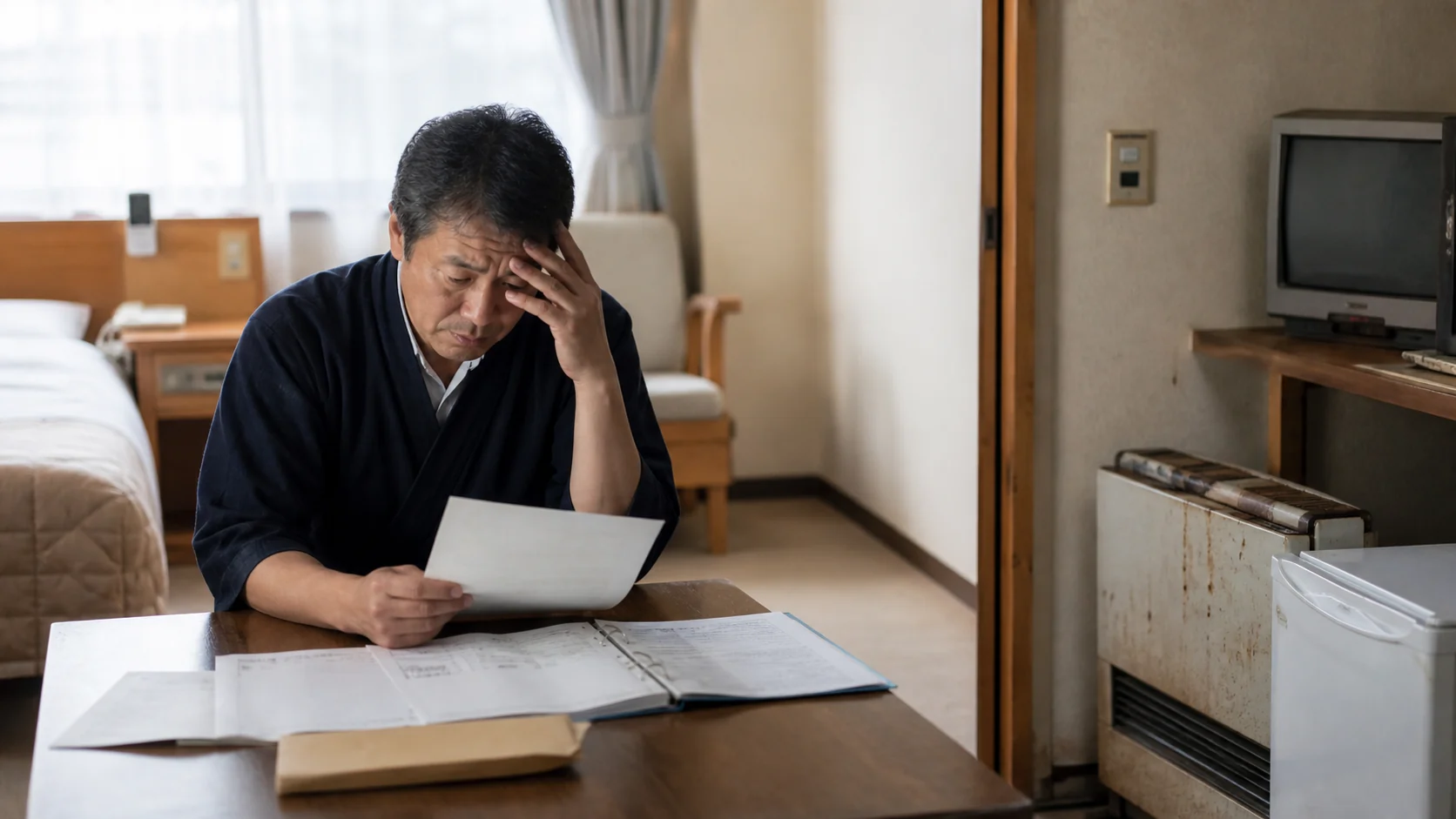 旅館経営者が建物設備と借入期間を確認する場面