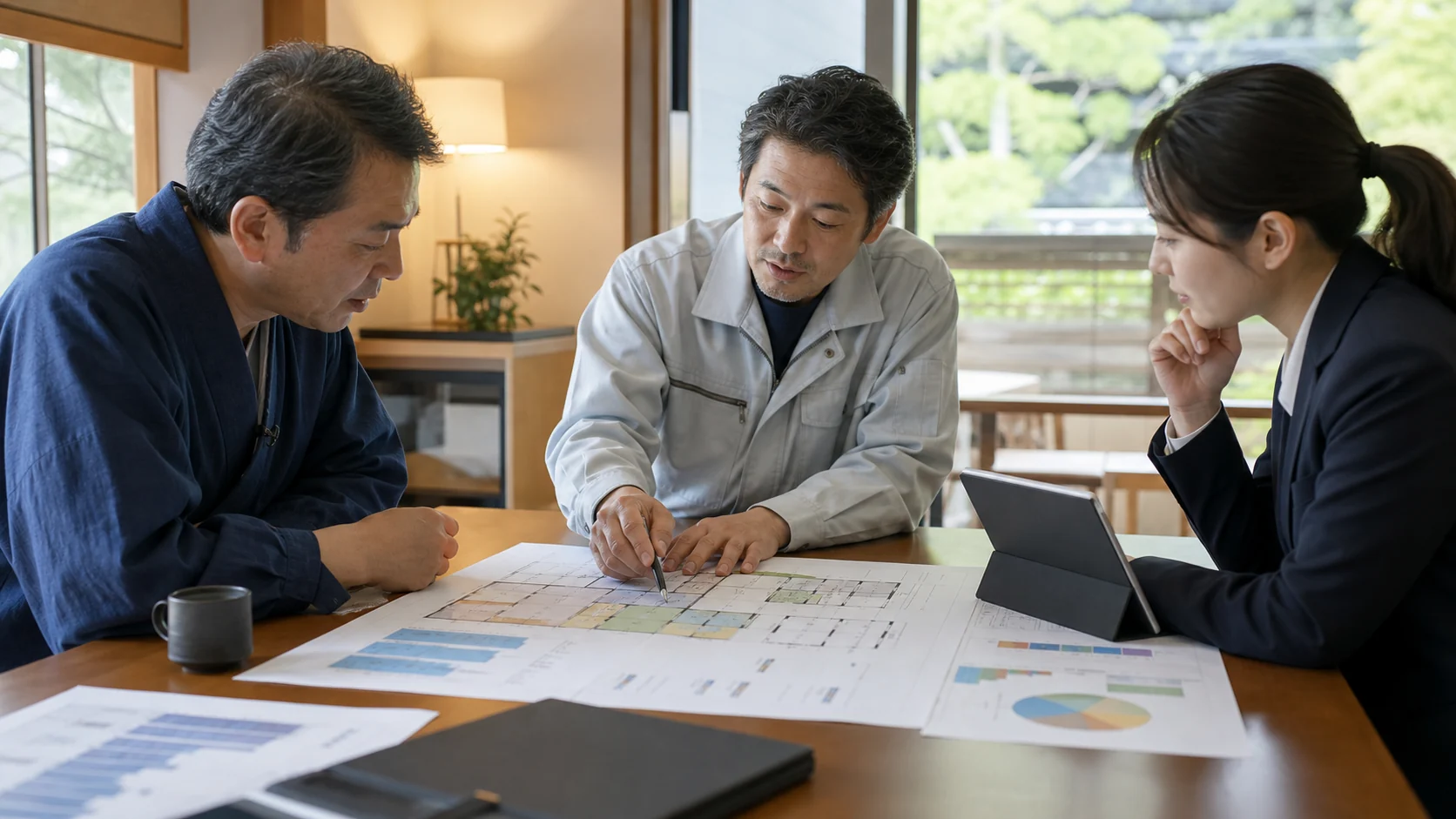 旅館の会議で建物設備の稼働と長期資金を確認する場面
