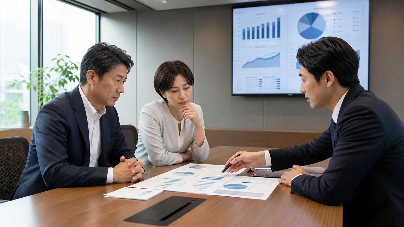中小企業の経営者、財務担当者、金融機関担当者が固定・変動の条件と下振れ資金を比較する会議