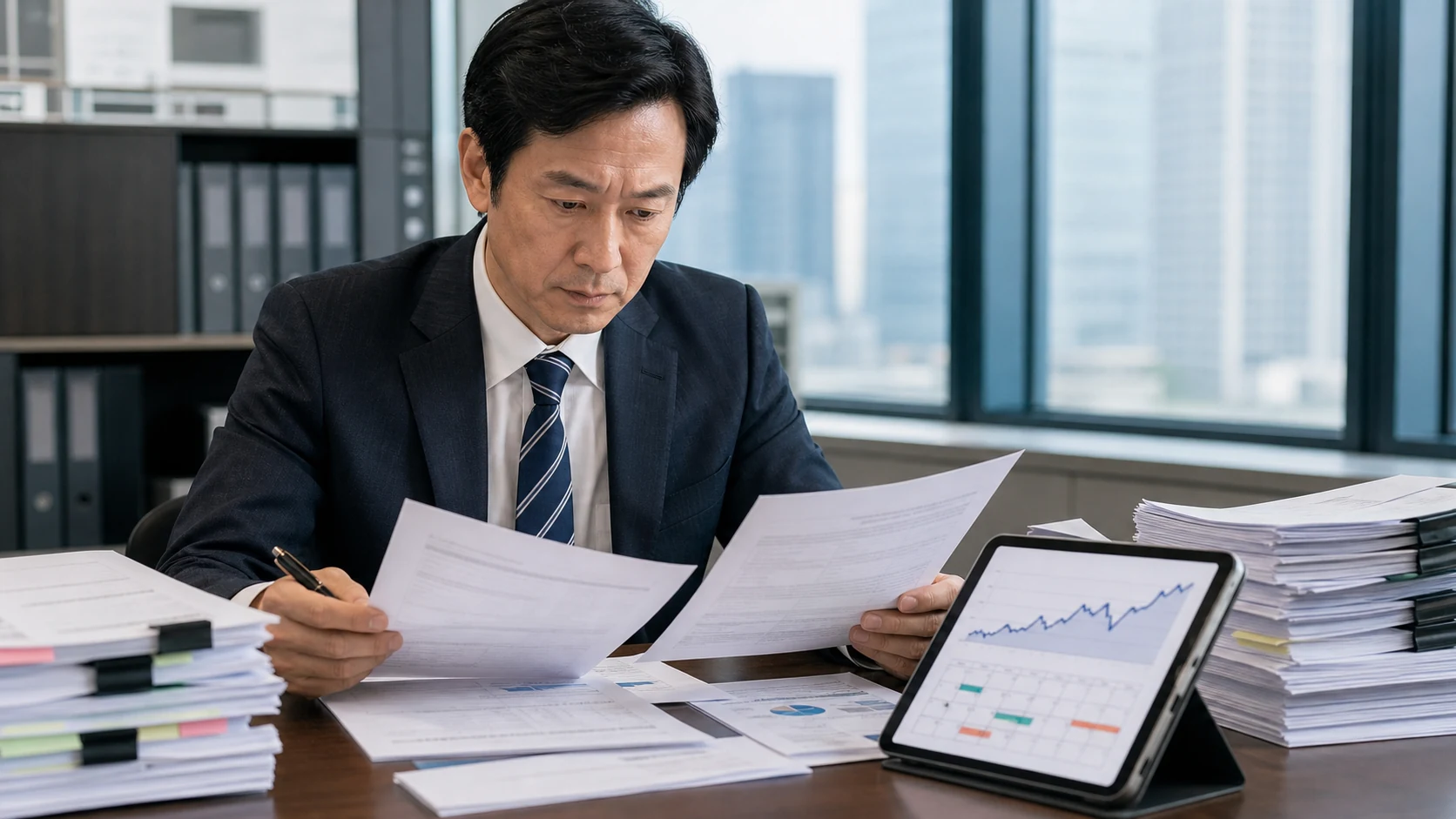 中小企業の財務担当者が固定金利と変動金利の契約、改定日、返済予定を確認する場面
