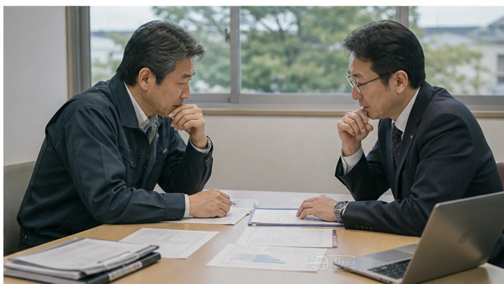 輸出製造会社の経営者と銀行担当者が為替反転後の必要円貨を確認する会議