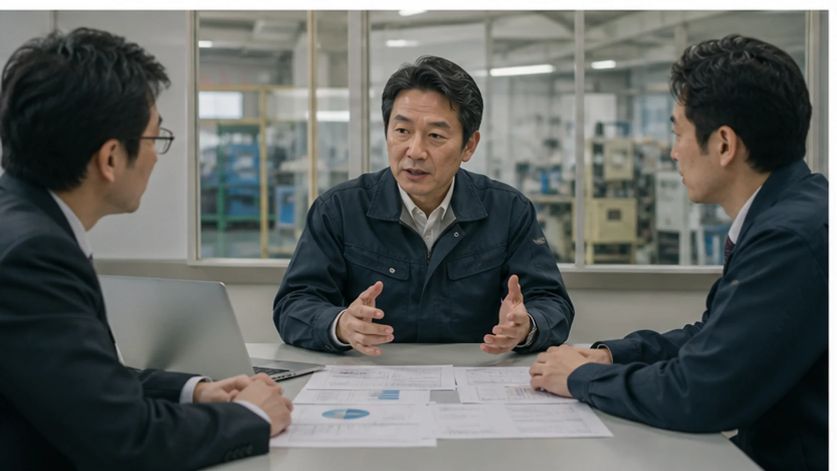 輸出製造会社の経営会議で為替差益を除く案件粗利を確認する場面