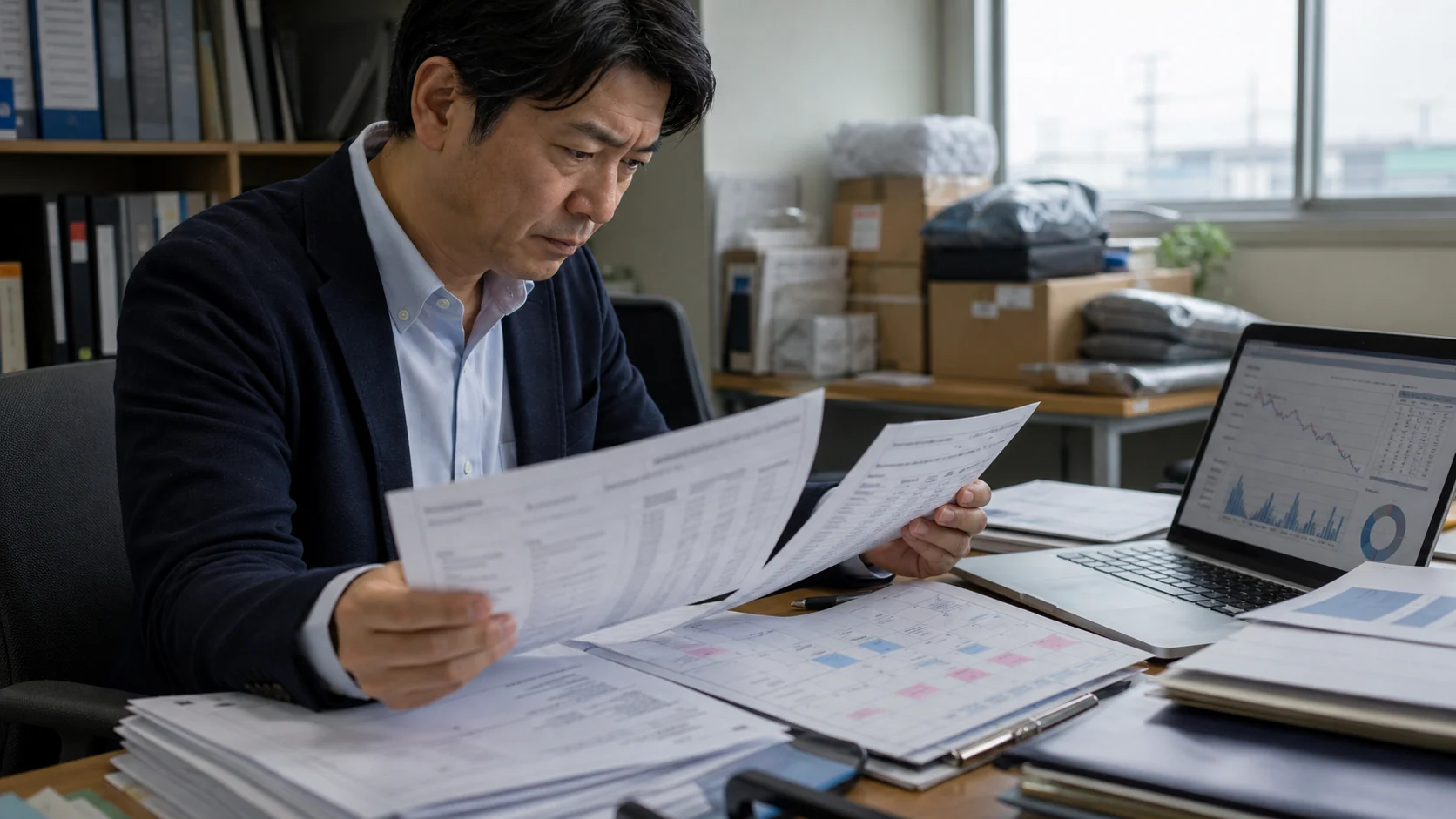 輸入機械商社の経営者が通貨別の外貨買掛金と決済予定を確認する場面