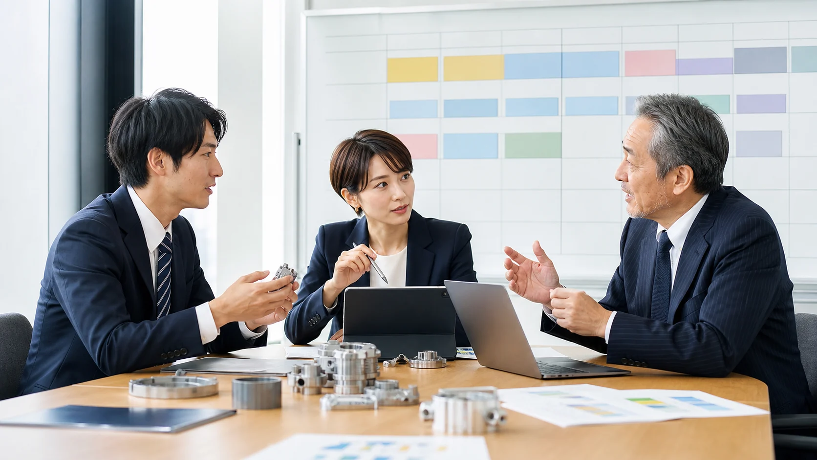 輸入機械商社の経営者と財務担当が通貨別の決済対応を整理する会議
