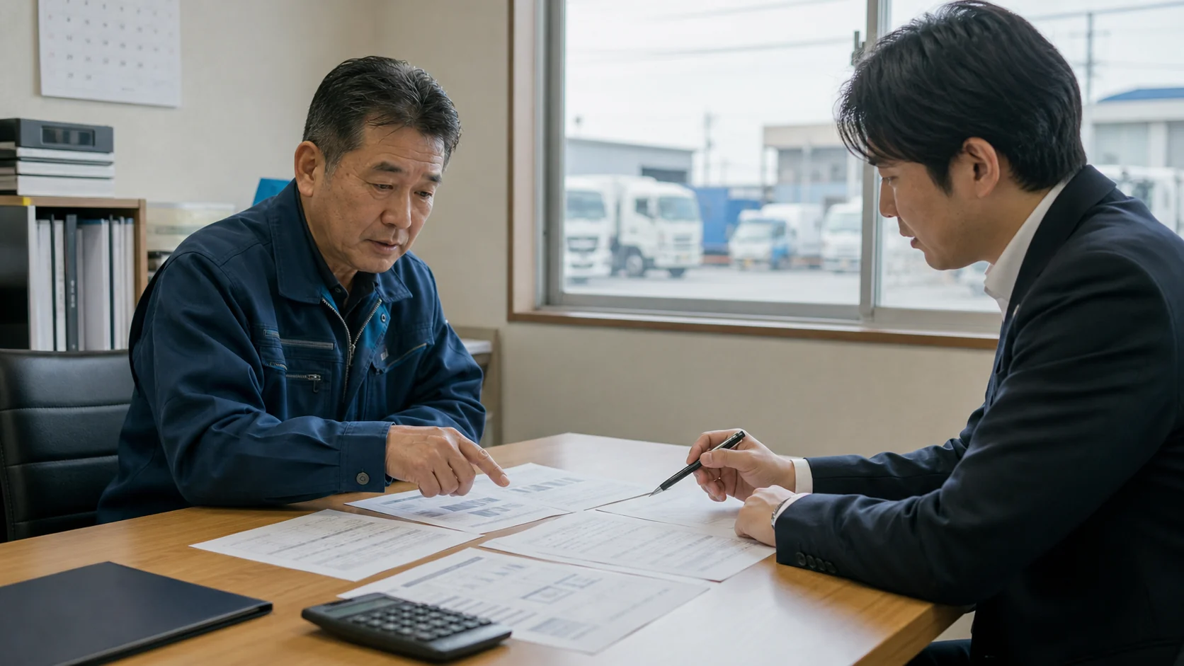 運送会社経営者と資金調達アドバイザーが燃料高騰と転嫁遅延の資金を比較する会議