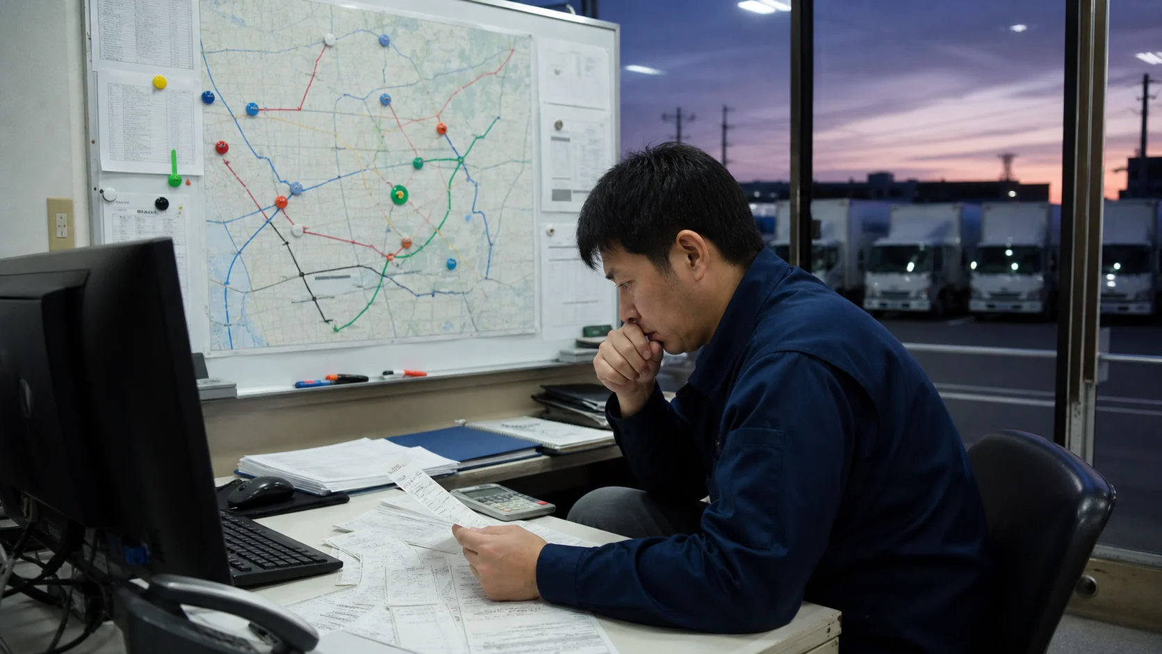 運送会社の配車責任者が給油明細と便別採算を確認する場面