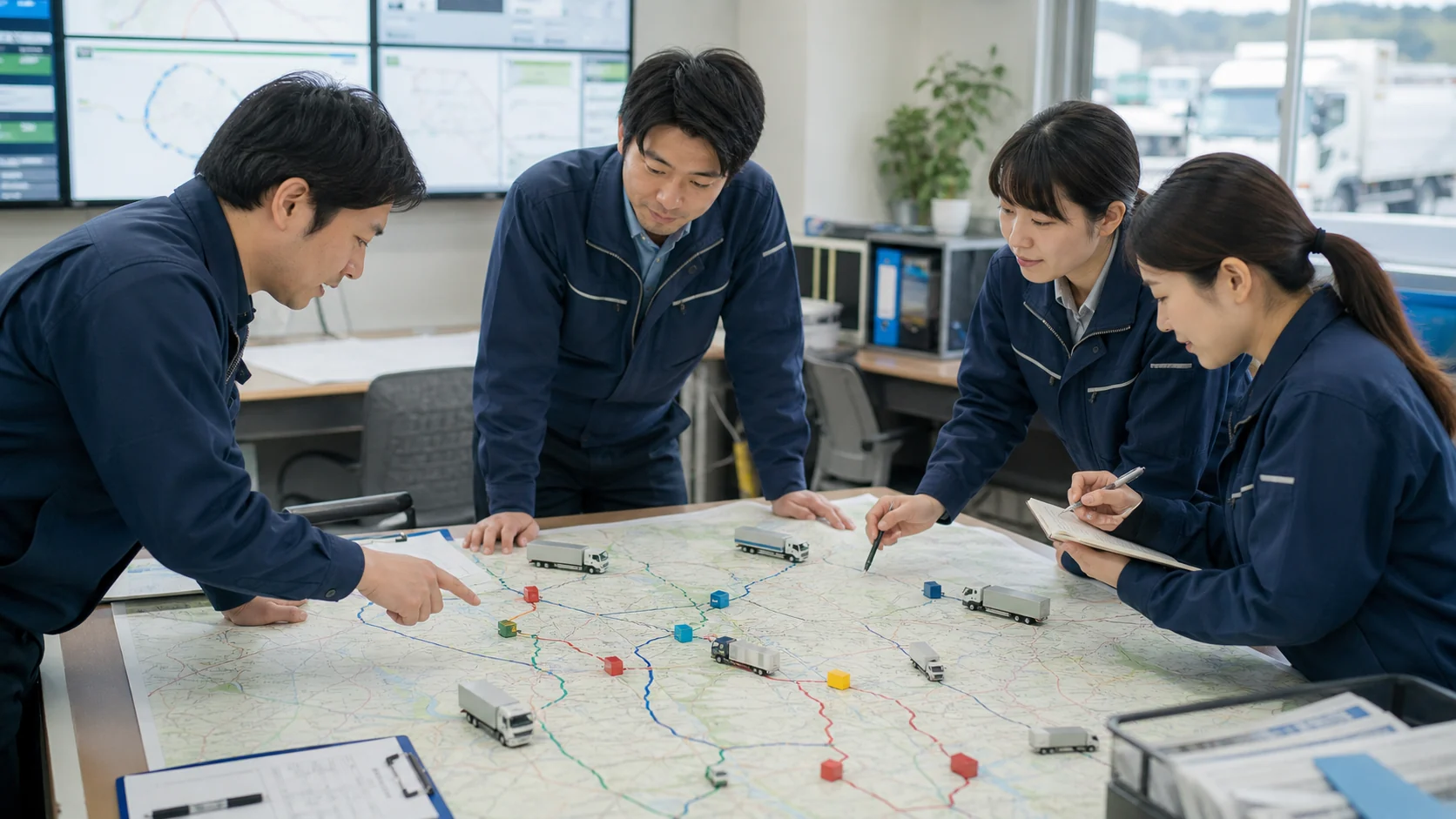 運送会社の配車チームが給油データとルート、積載、待機時間を改善する会議