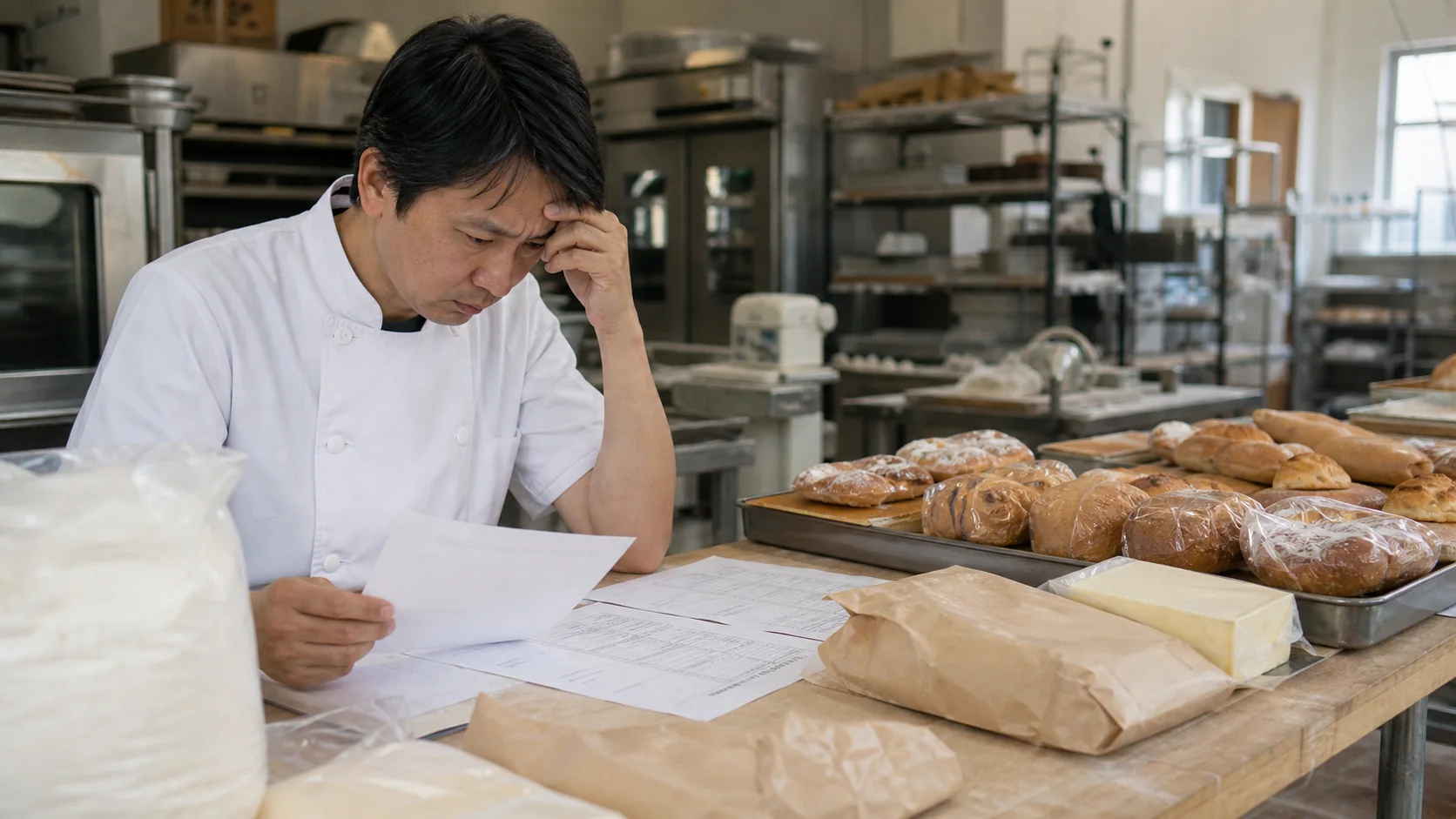 パン製造会社の経営者が材料費と粗利予実差を確認する場面