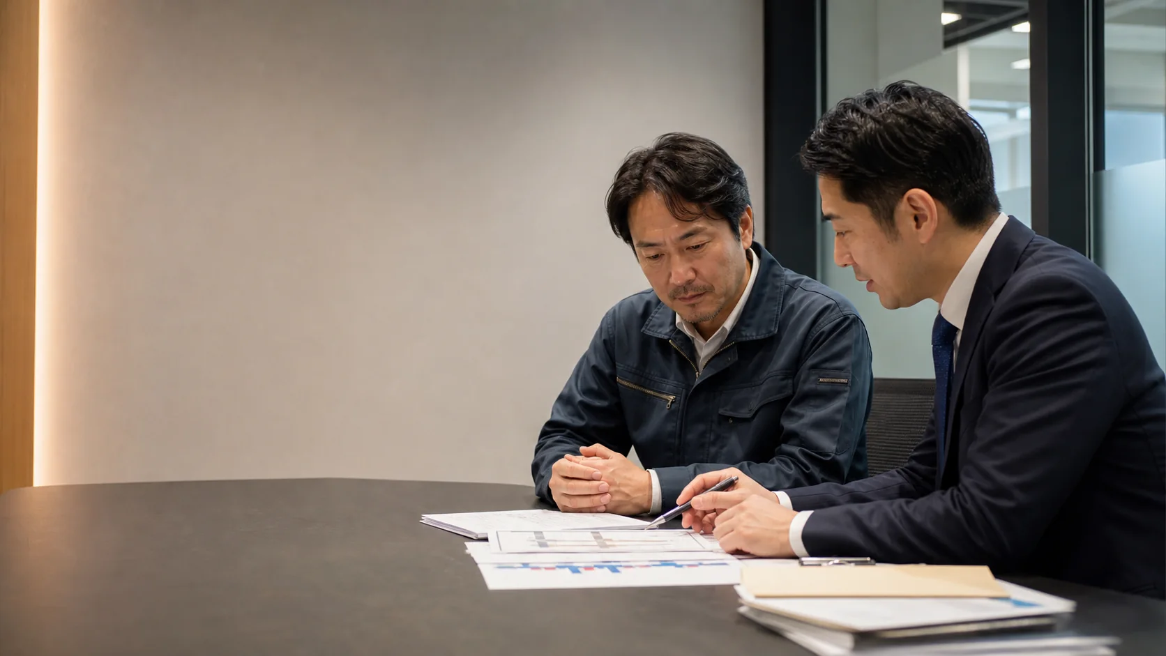 経営者と銀行担当者が保証金の返還条件、控除、移転資金を確認する会議