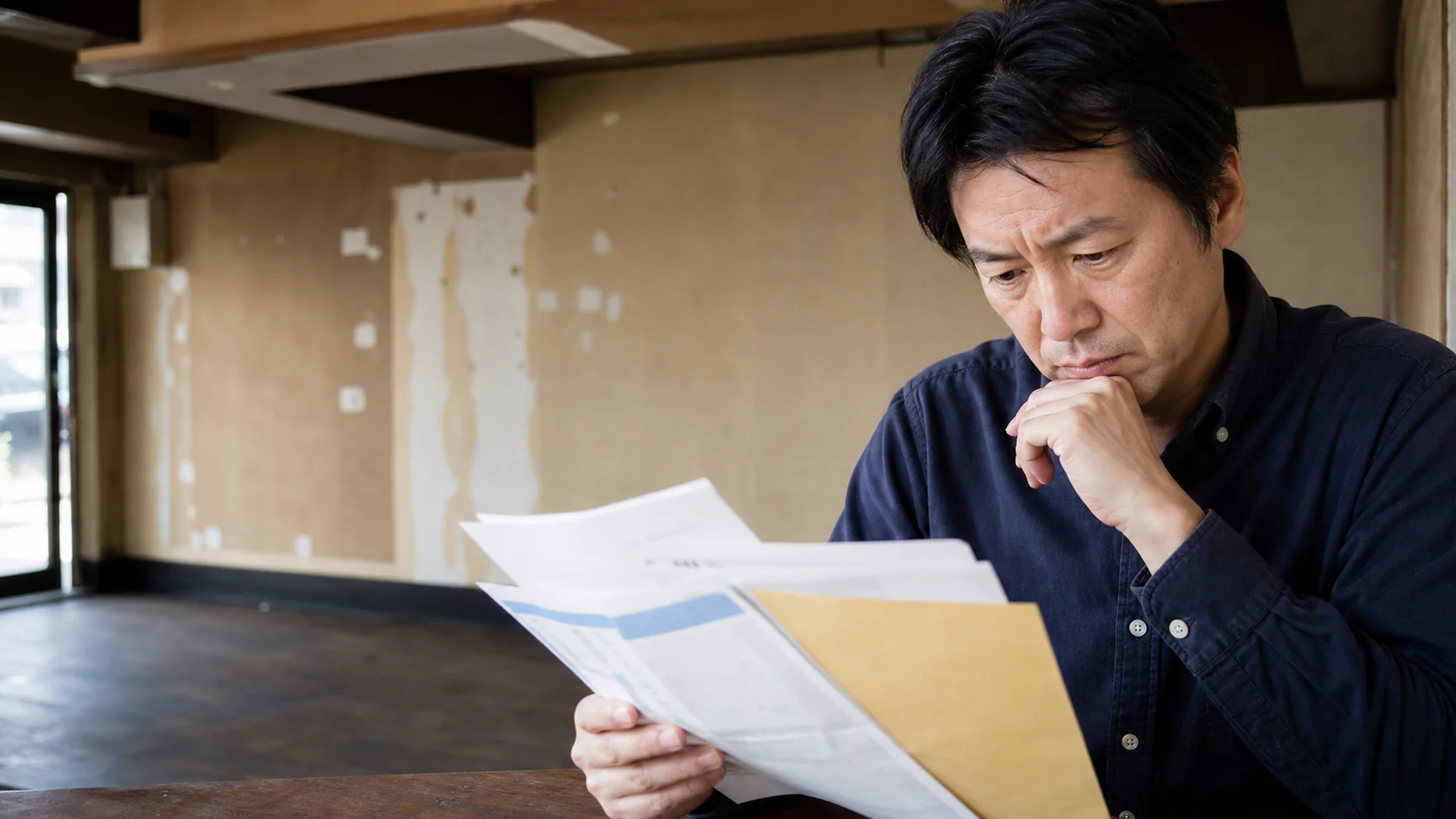 中小企業の担当者が賃貸借契約、保証金明細、原状回復見積を照合する場面